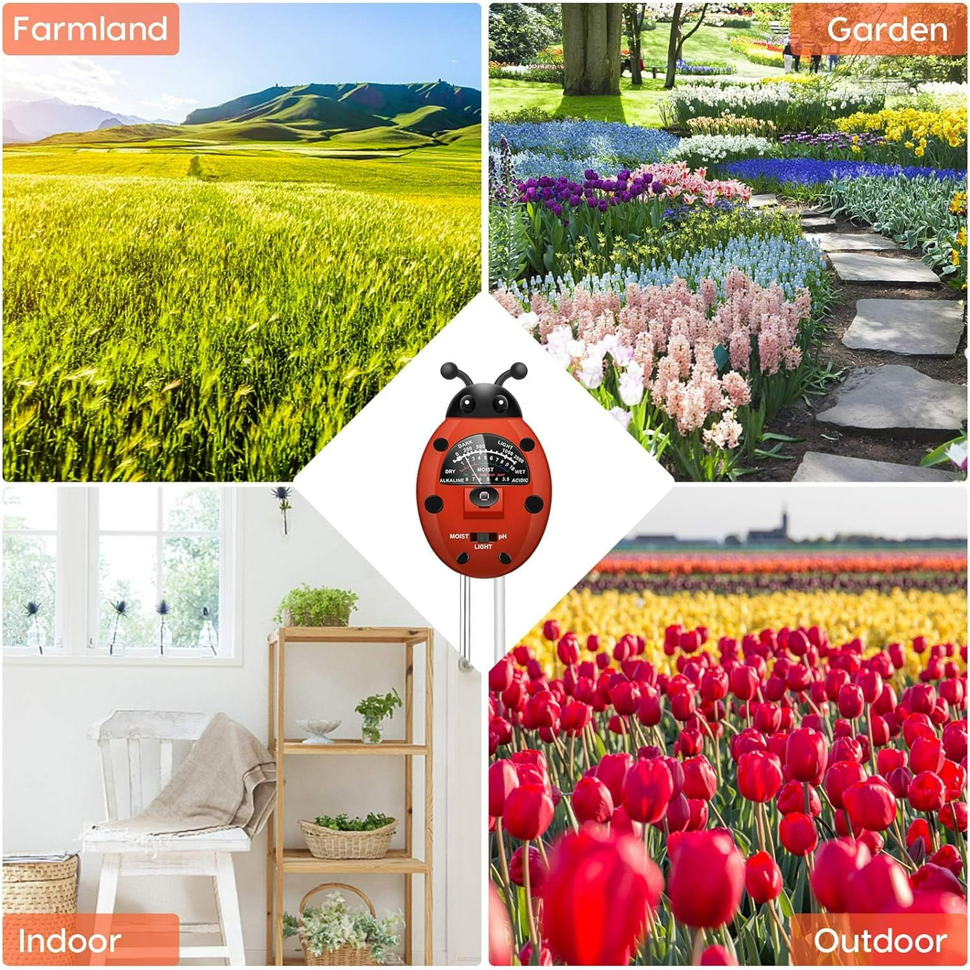 Bodentester in verschiedenen Umgebungen: Ackerland, Garten, drinnen und draußen mit Tulpen.