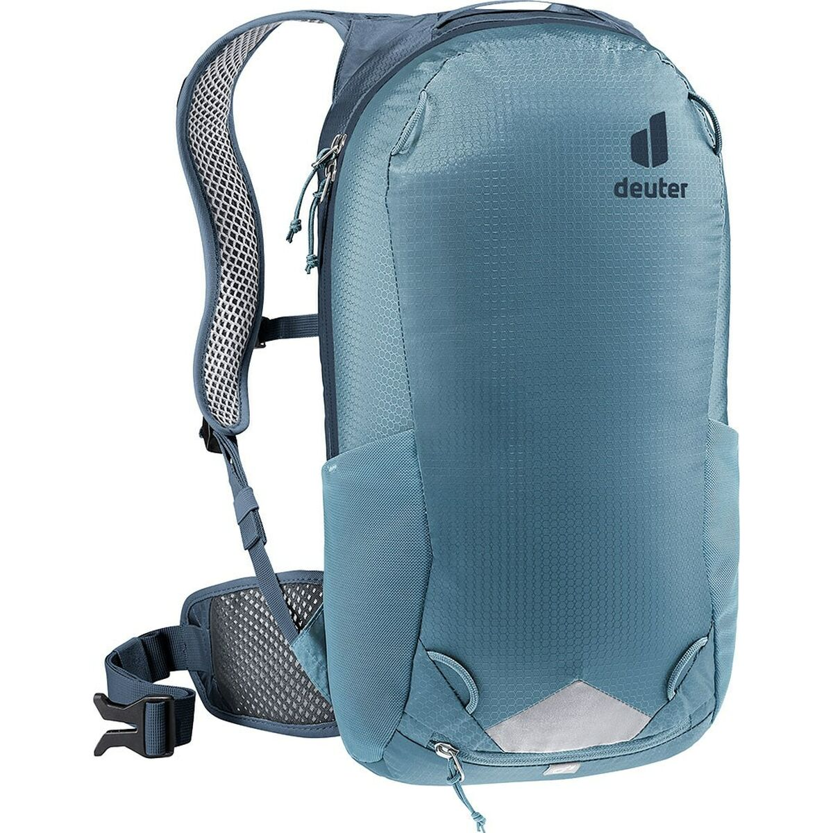 Blauer Deuter-Rucksack mit Trägern und Mesh-Rückenstütze. Mit Deuter-Logo.