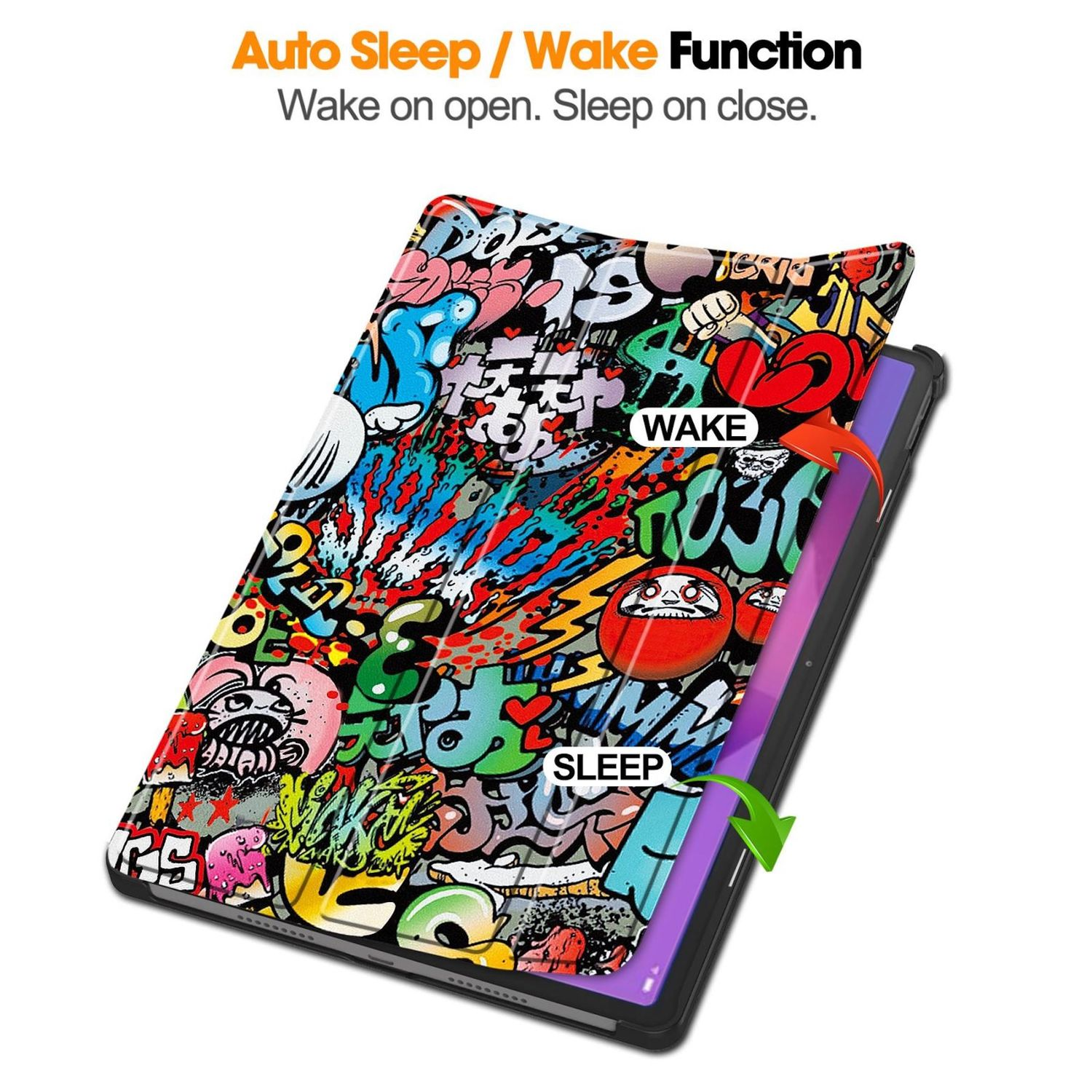 Tablet mit Graffiti-Hülle, offen, zeigt Auto-Schlaf/Weck-Funktion.