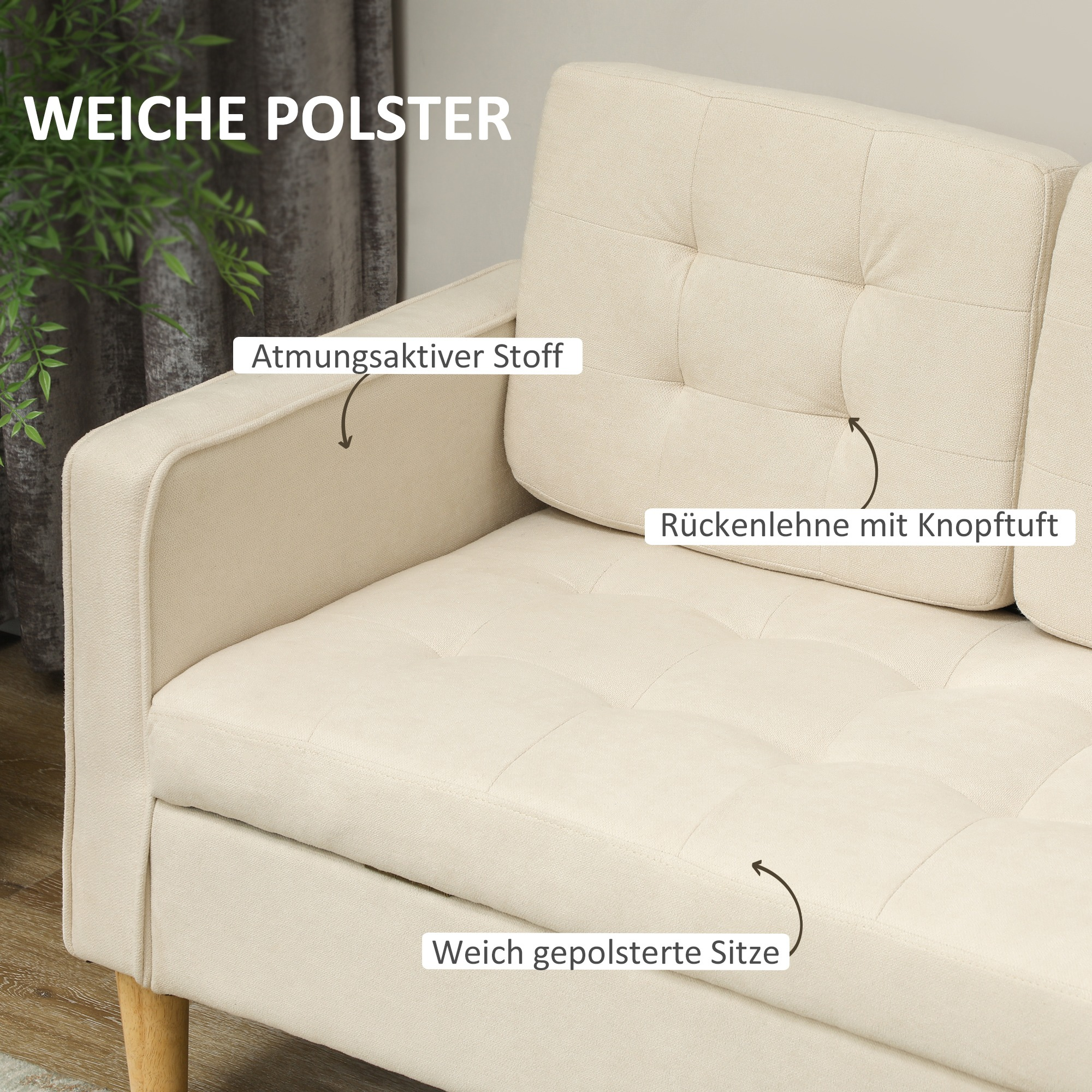 Cremefarbenes Sofadetail, Stoff, getuftete Rückenlehne und gepolsterter Sitz.