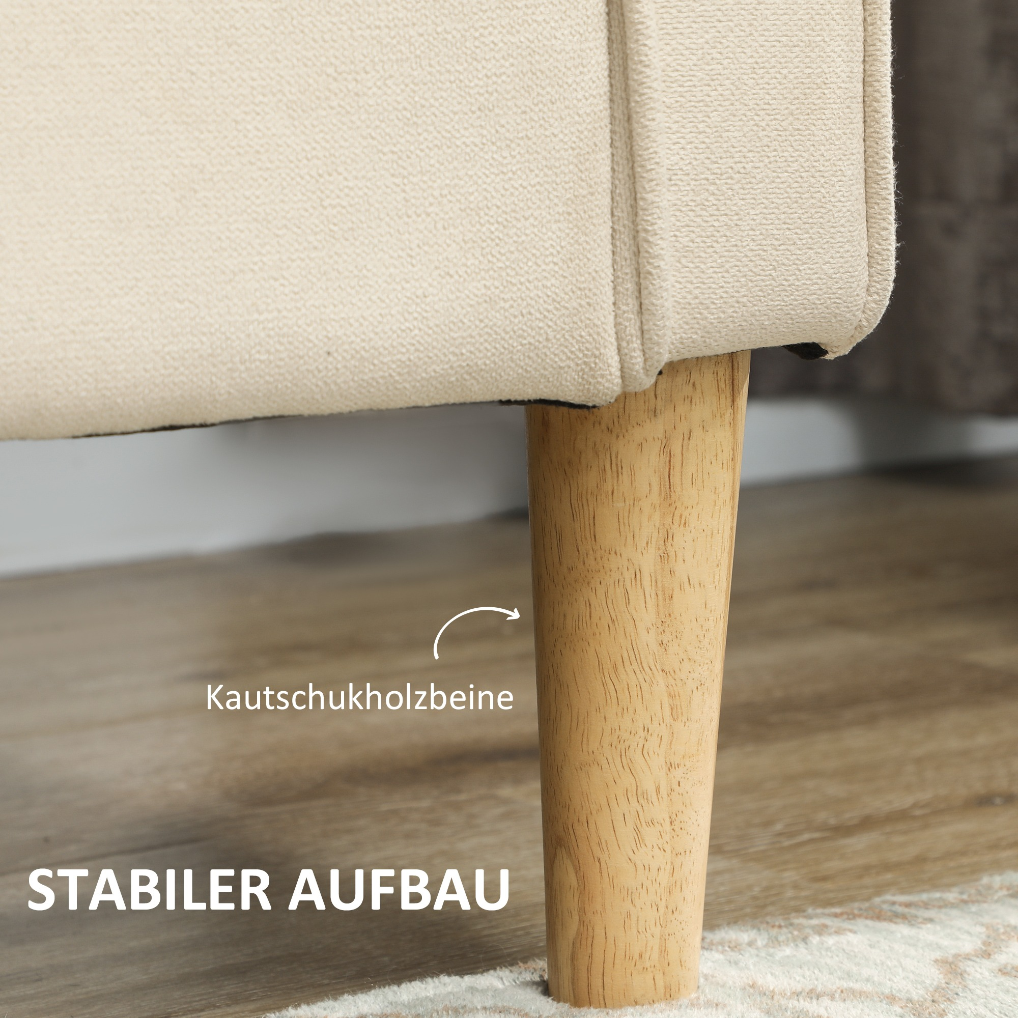 Nahaufnahme des Sofabeins aus Kautschukholz und das Wort 'STABIL'.