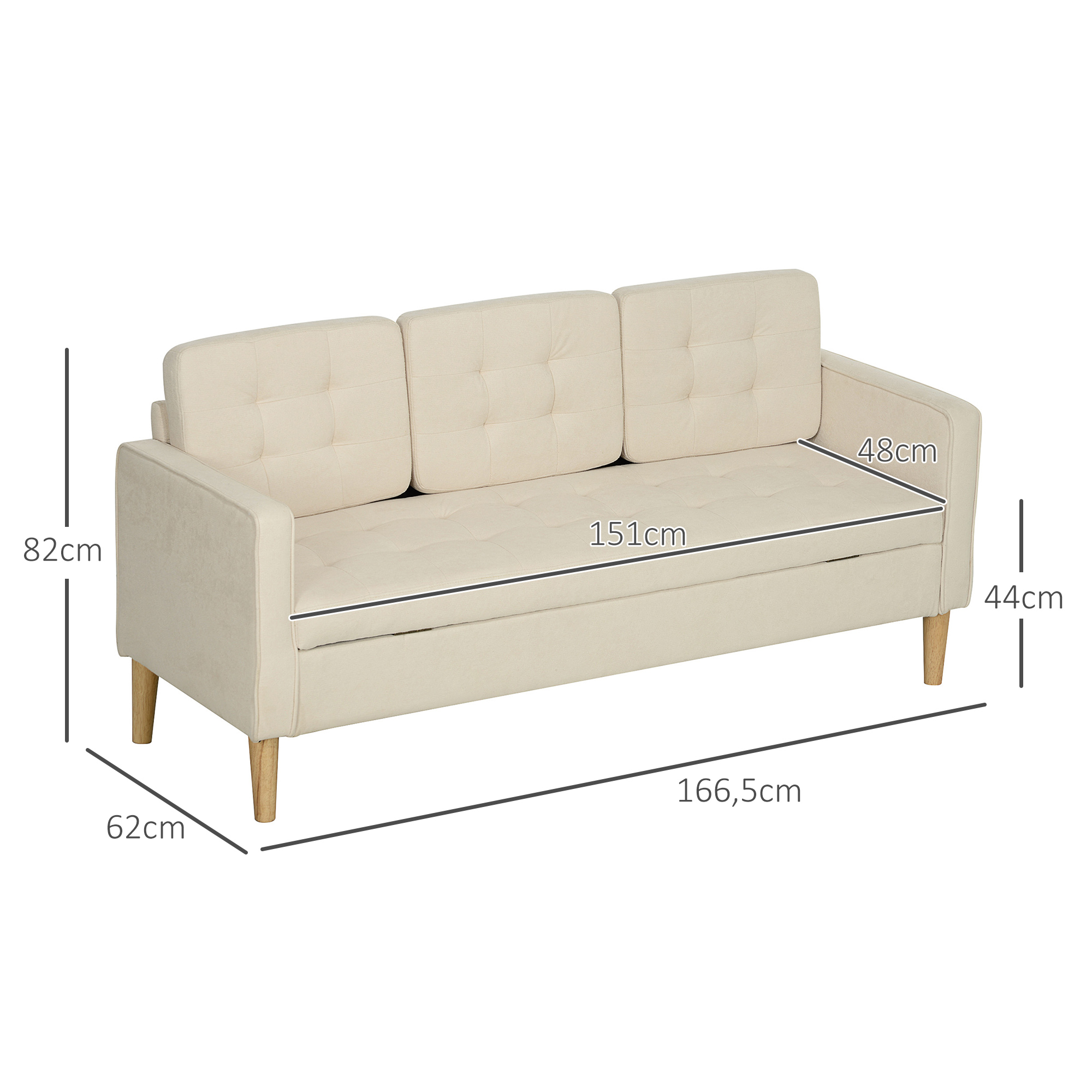 Beiges Dreisitzer-Sofa mit Maßangaben. Es hat Holzbeine und eine getuftete Rückenlehne.