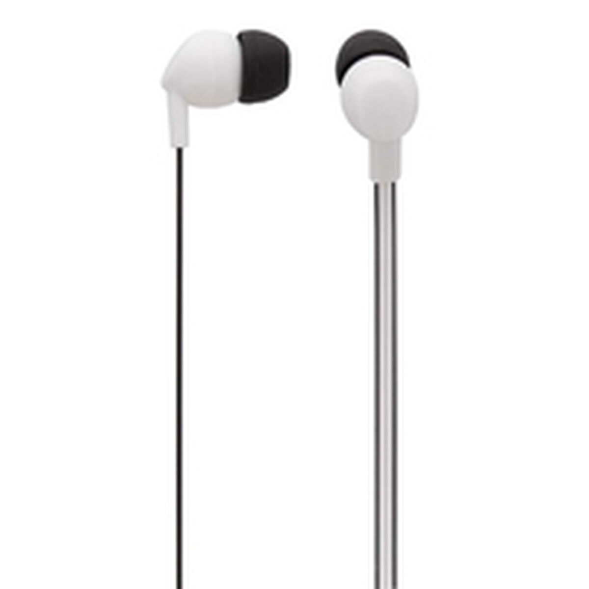 Auricolari bianchi con punte nere e sottili cavi neri che scendono. Sfondo bianco.