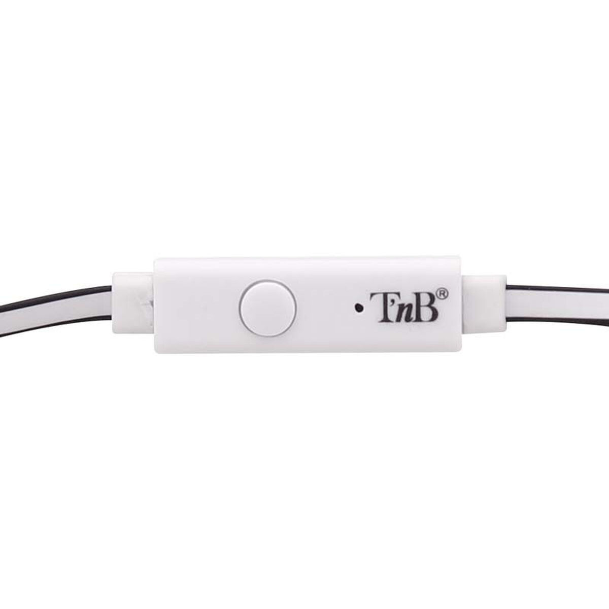 Controllo bianco degli auricolari con il logo 'TnB'. Ha un pulsante al centro. Sfondo bianco.
