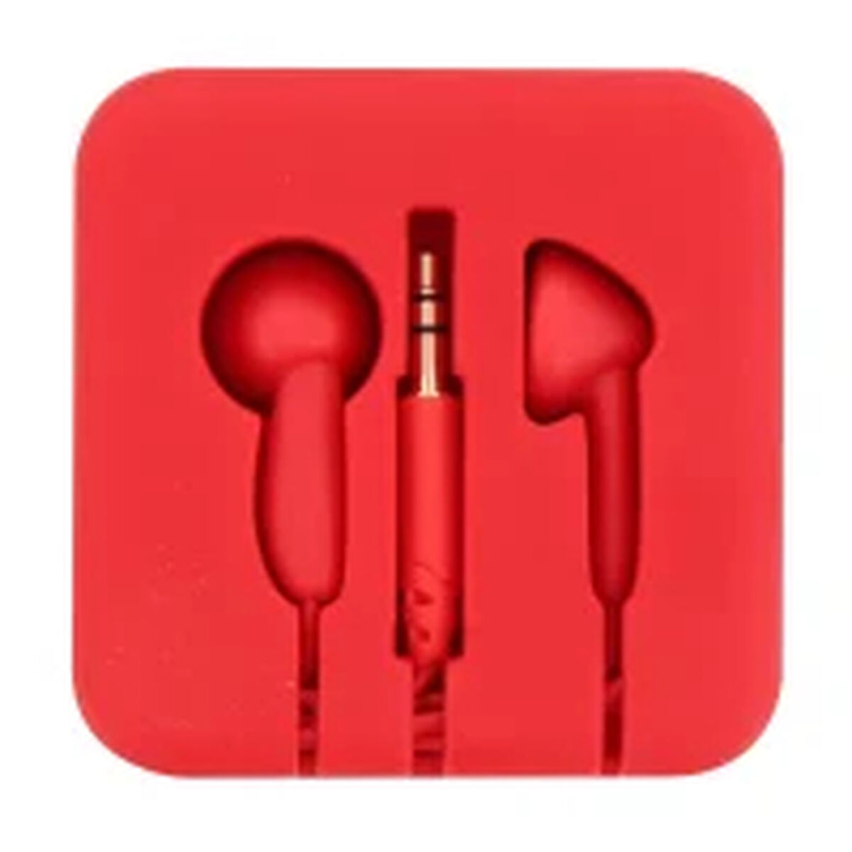 Auricolari rossi in una custodia quadrata rossa. Gli auricolari e la custodia sono rossi.