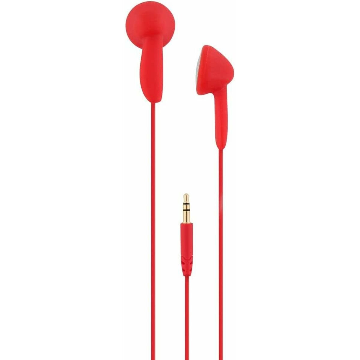Auricolari rossi con cavo rosso e jack rosso. Gli auricolari sono su sfondo bianco.