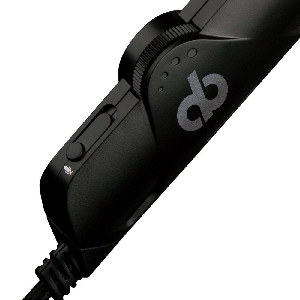 Close-up van een zwart bedieningspaneel van de headset met een volumewiel, knoppen en een logo.