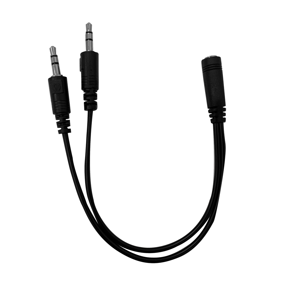 Zwarte audio-adapter met twee 3,5 mm jacks en een enkele 3,5 mm vrouwelijke connector.