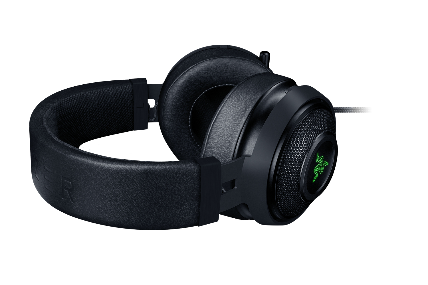 Czarny zestaw słuchawkowy do gier Razer. Logo Razer jest widoczne na nauszniku.