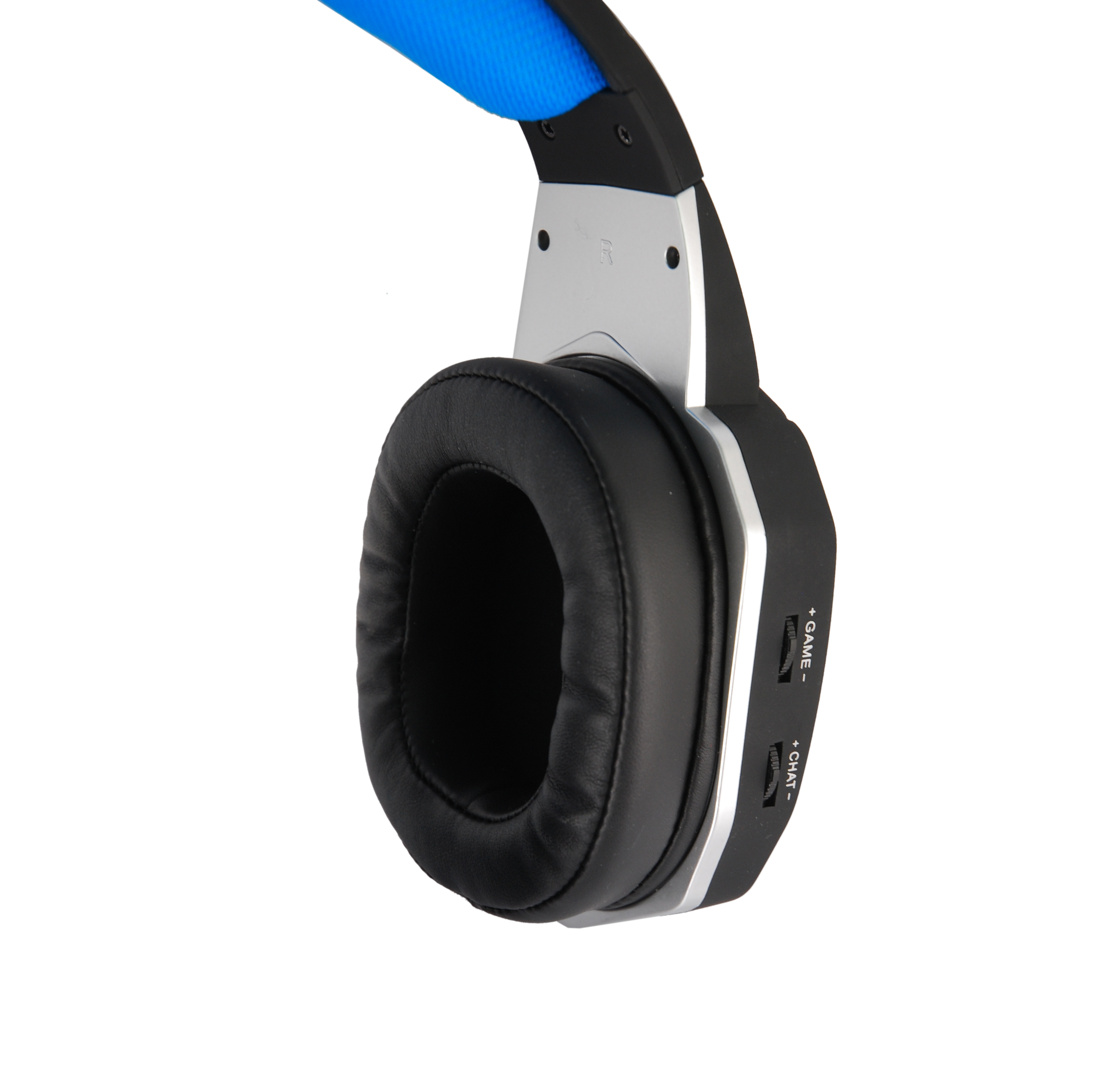 Cuffie da gioco nere e argentate con fascia blu, su sfondo bianco.