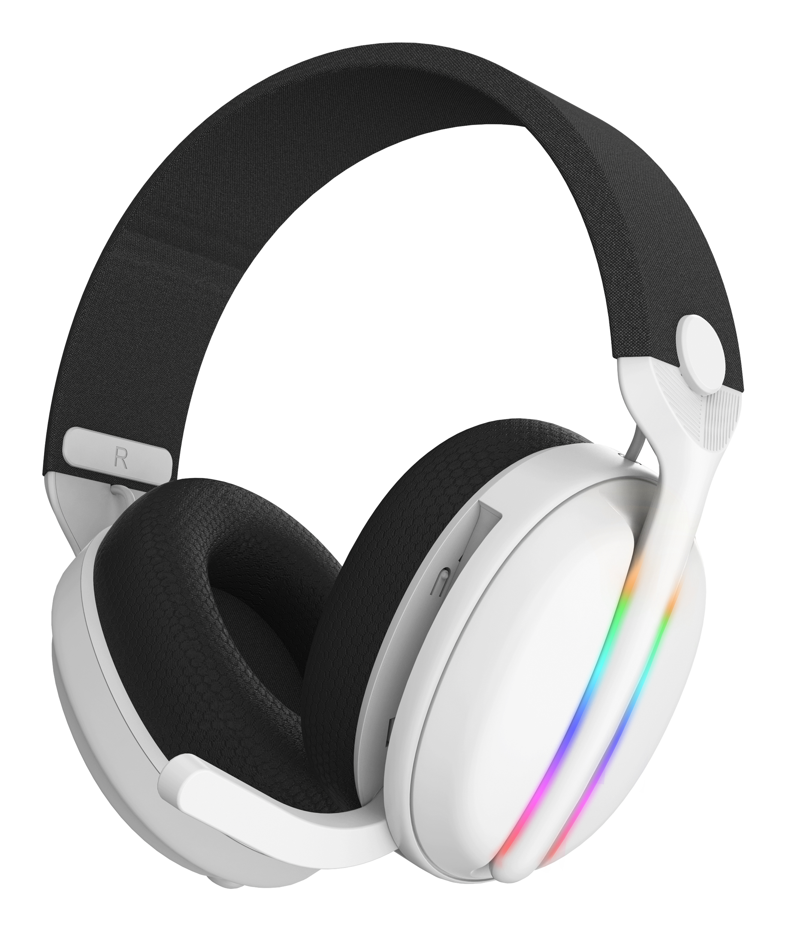 Weißes Gaming-Headset mit RGB-Beleuchtung. Schwarze Ohrpolster. Das Headset ist auf weißem Hintergrund.