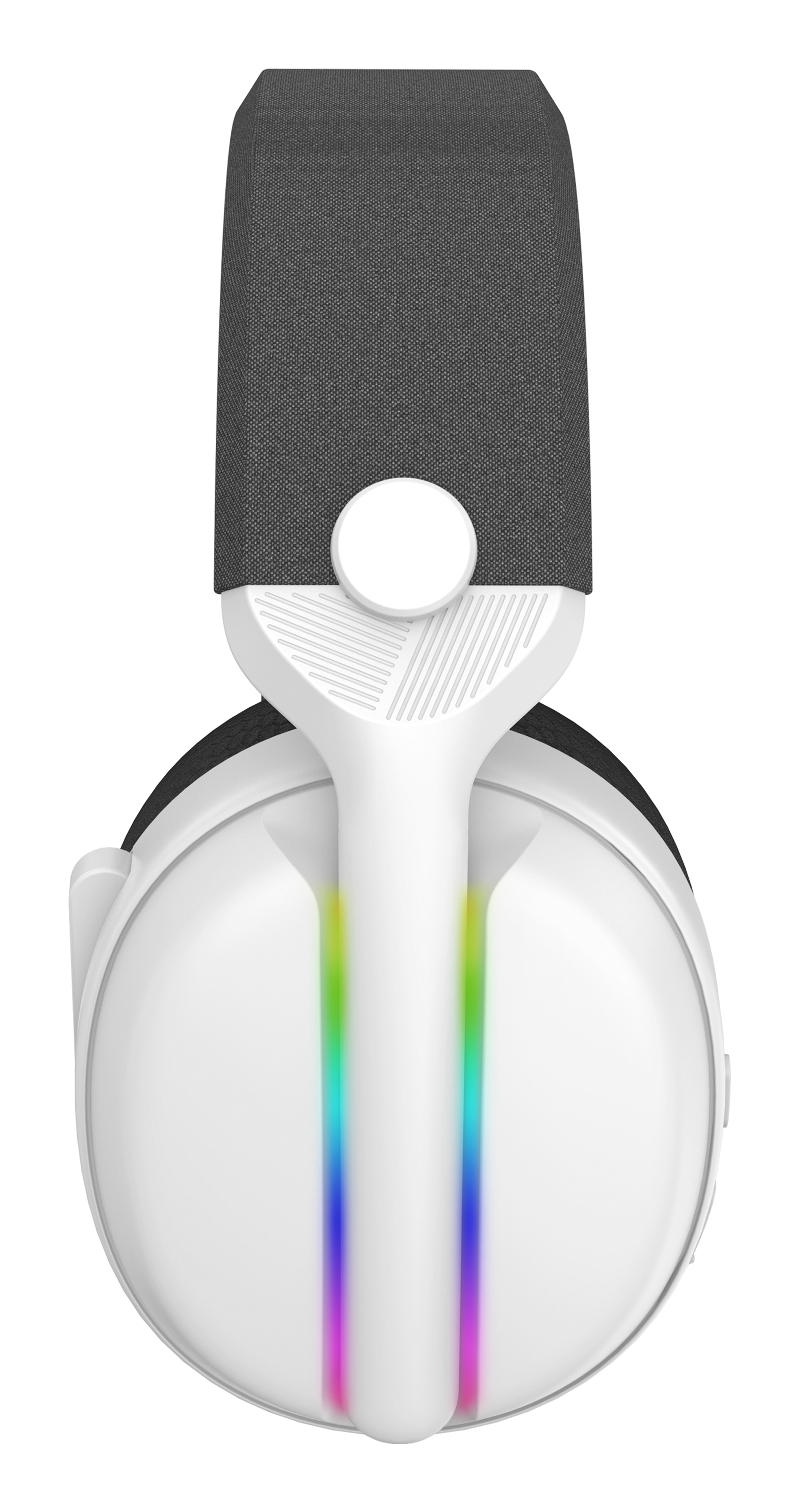 Weißes Gaming-Headset mit RGB-Beleuchtung. Schwarze Ohrpolster. Das Headset ist auf weißem Hintergrund.