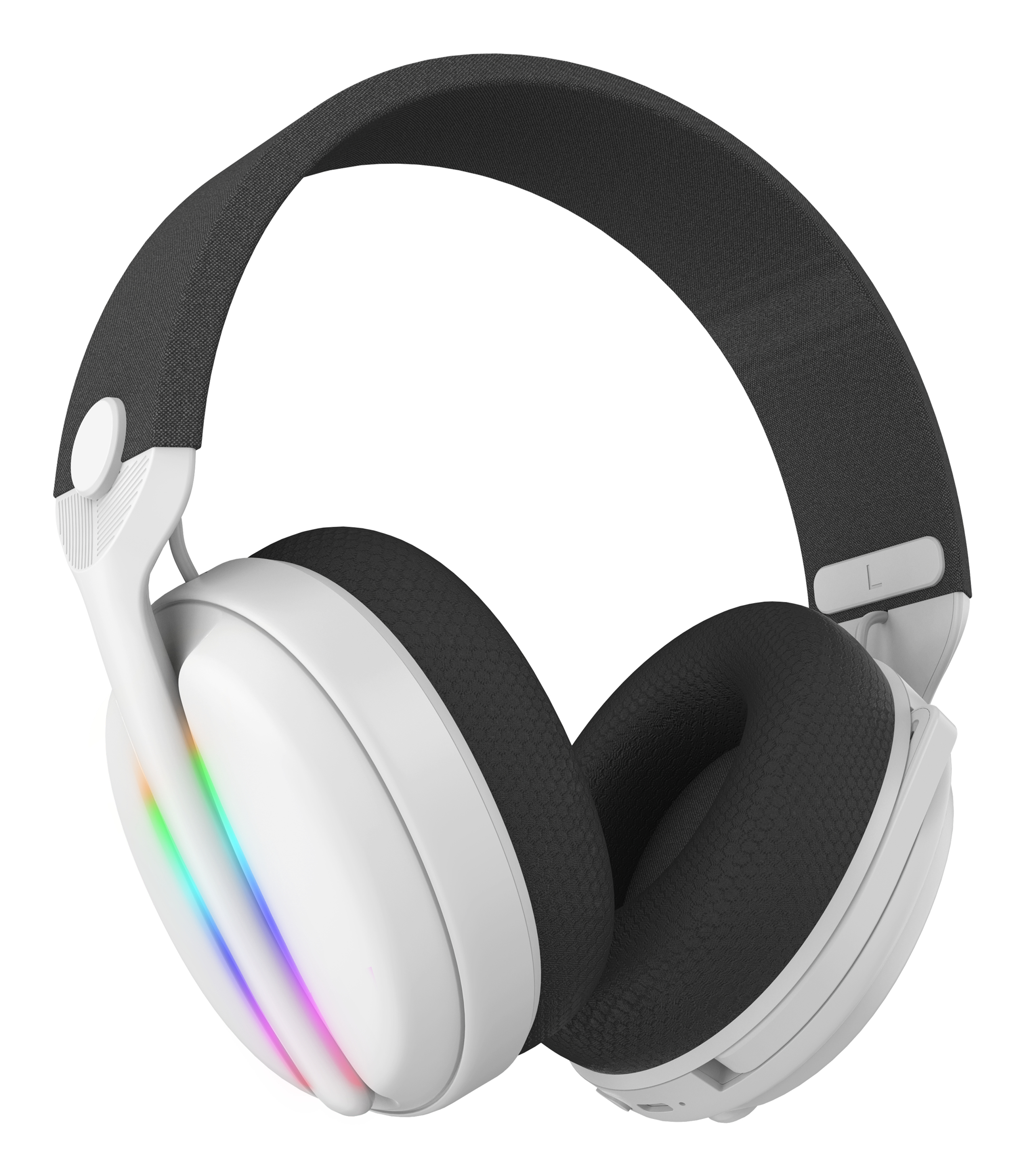 Weißes Gaming-Headset mit RGB-Beleuchtung. Schwarze Ohrpolster. Das Headset ist auf weißem Hintergrund.
