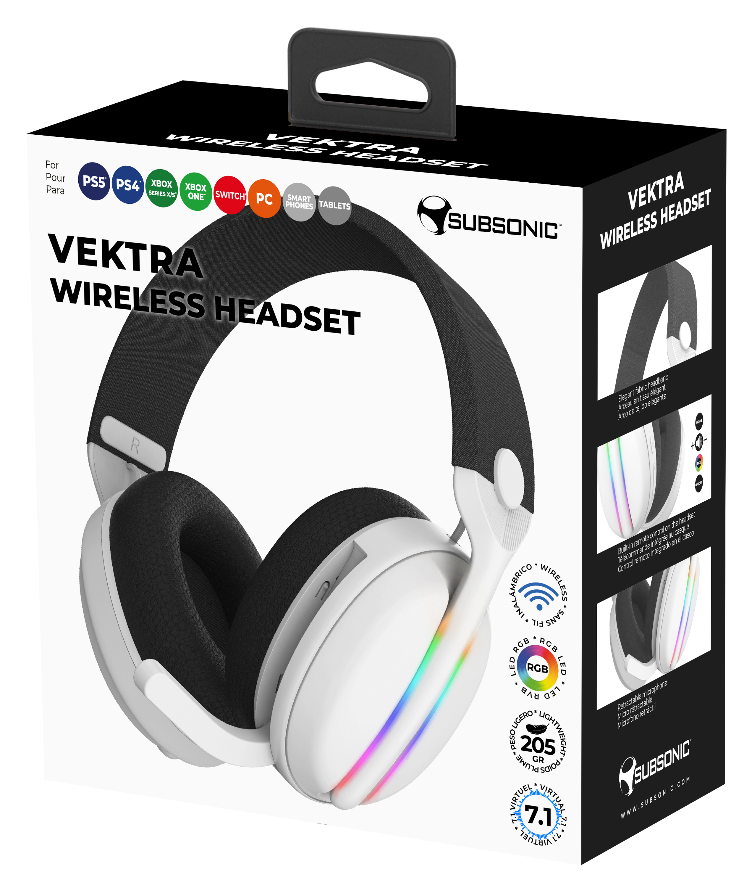Weiße Gaming-Headset-Box. Die Box hat ein Headset-Bild und Informationen.