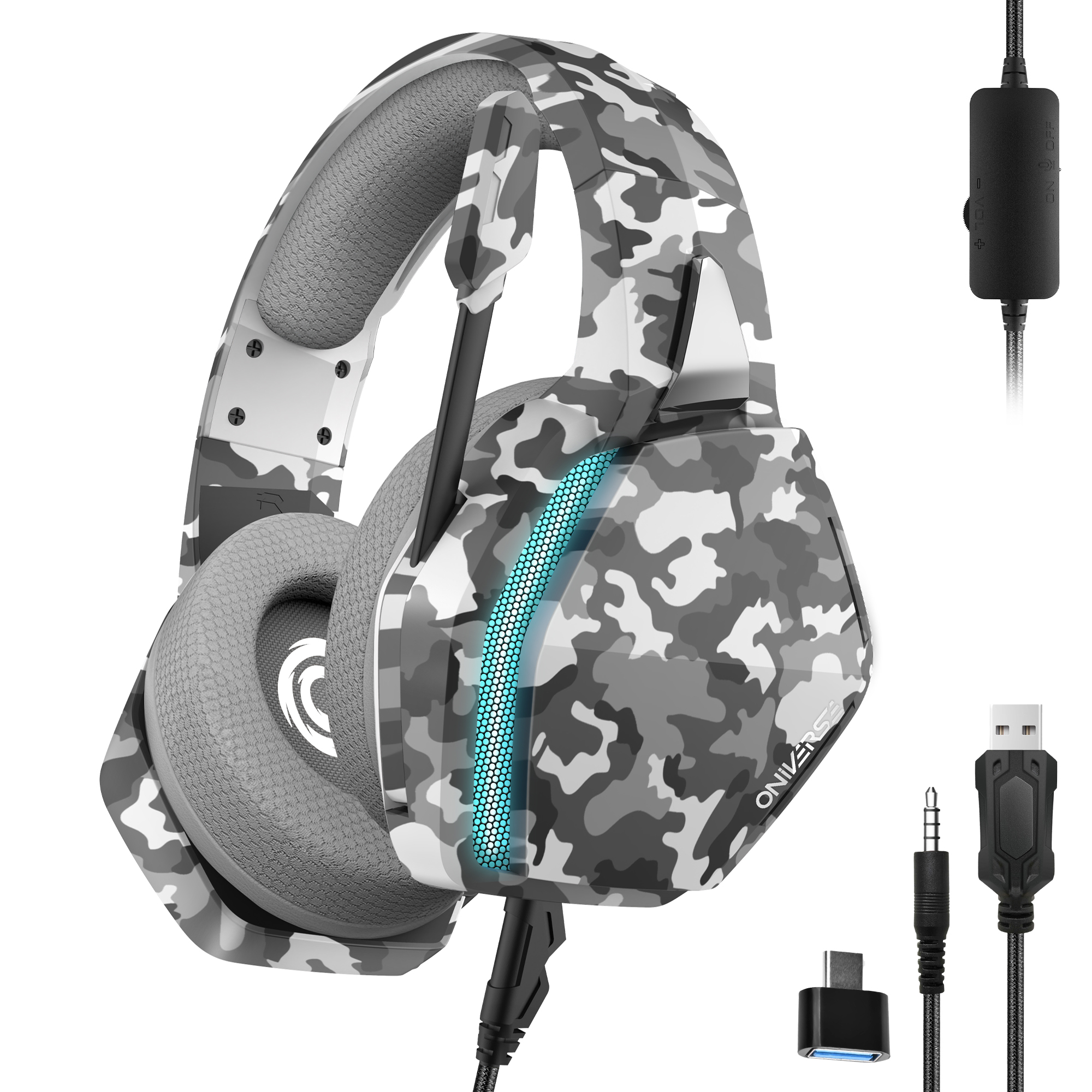 Camouflage headphones with a blue light and cables on a white background.
