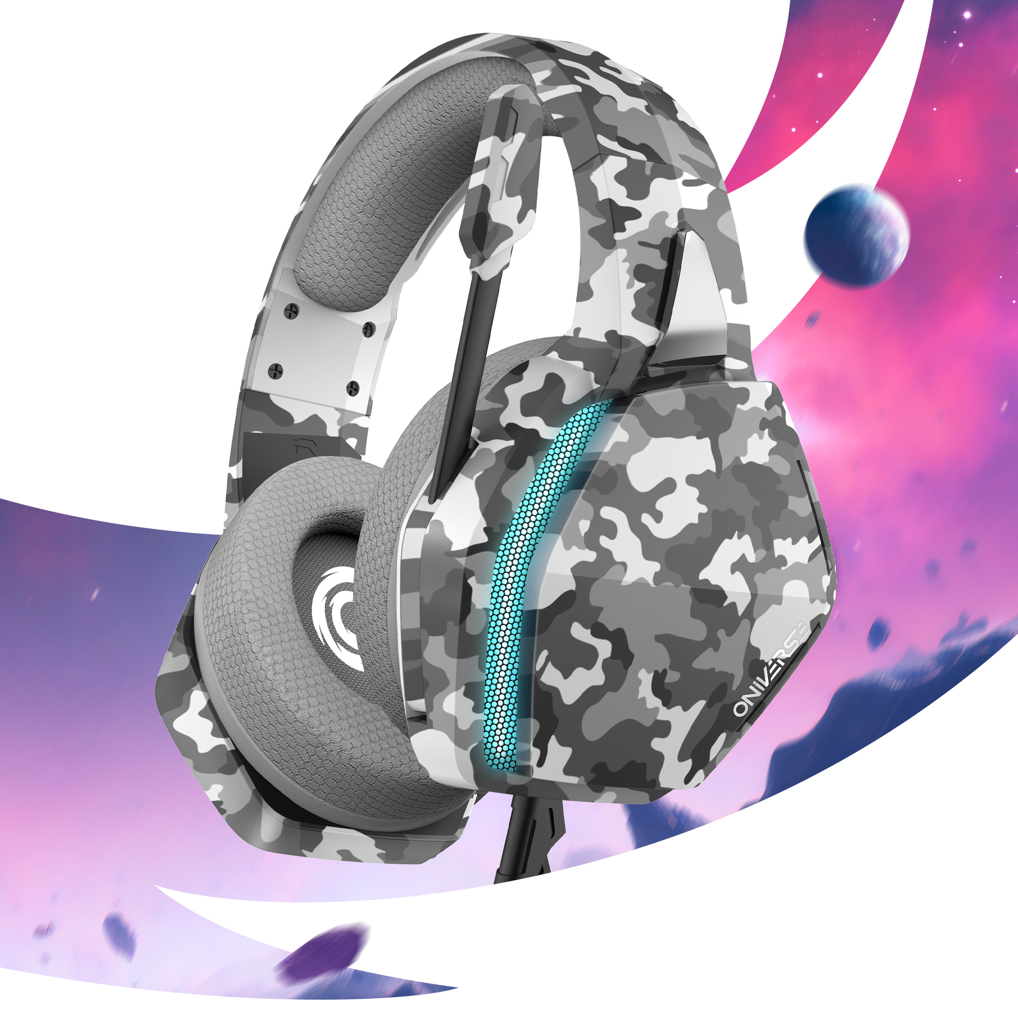 Camouflage headset. Background with a planet and purple clouds.