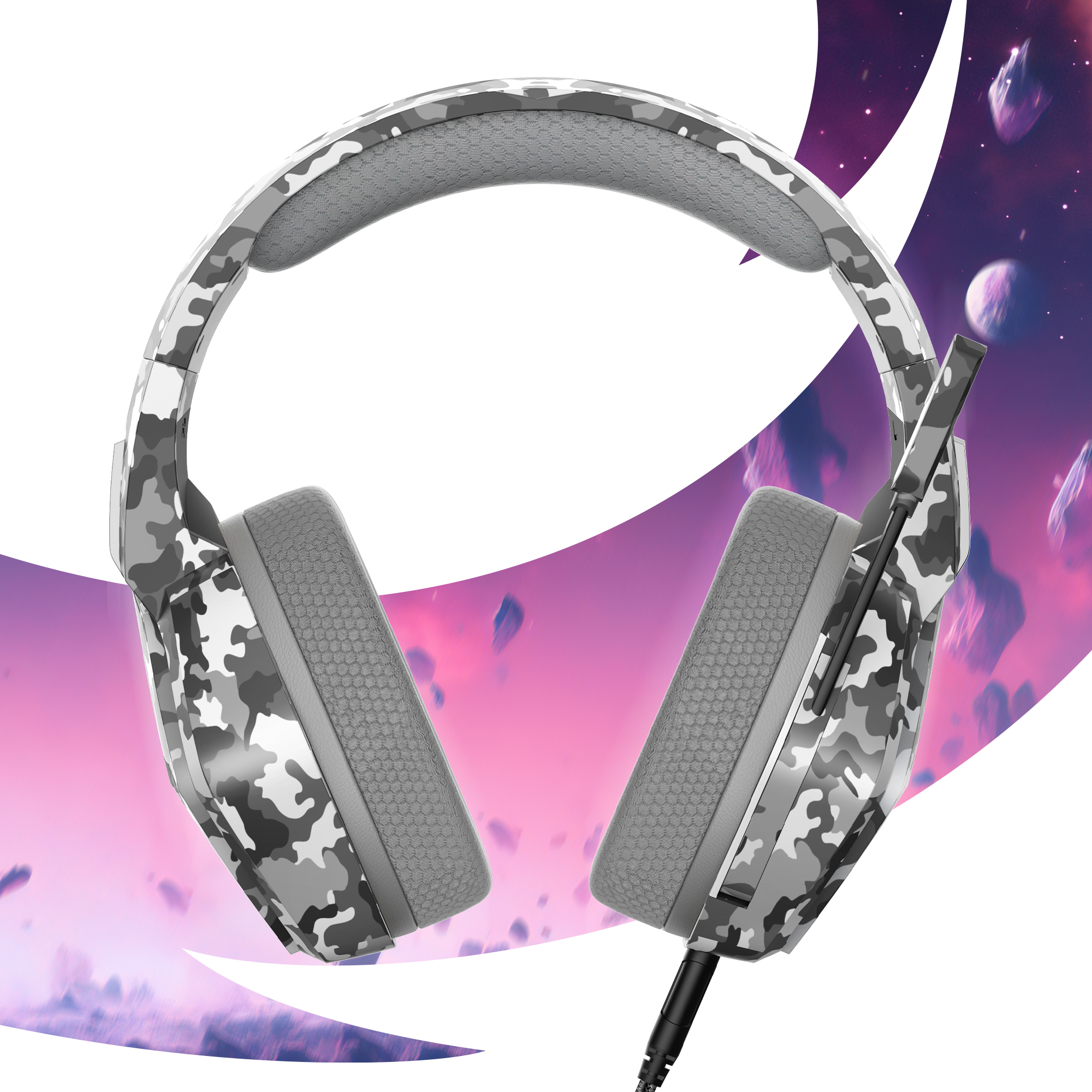 Camouflage headset. Background with a purple sky and floating stones.