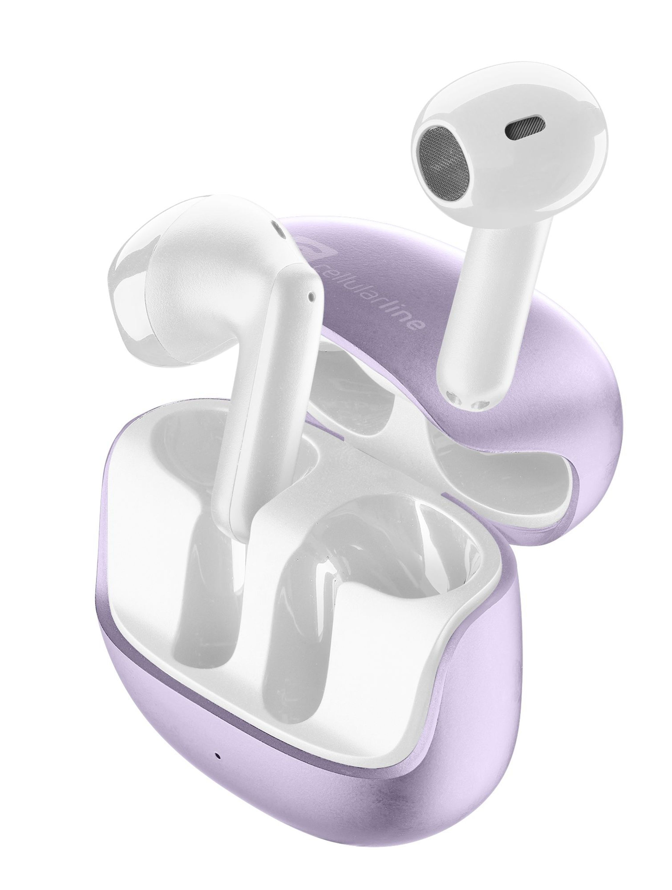 Auricolari wireless bianchi e custodia di ricarica. Sfondo bianco.