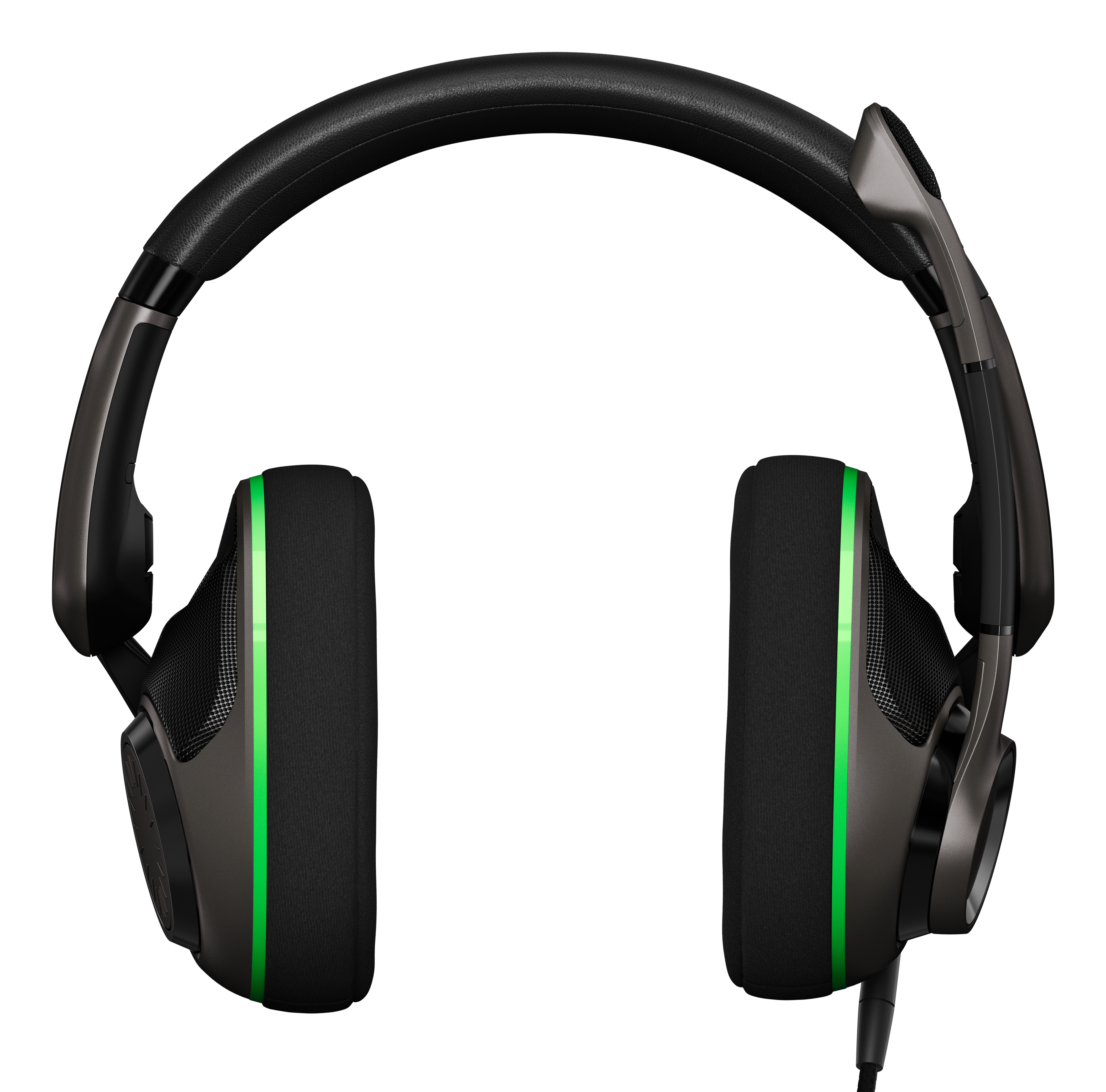 Cuffie da gioco, grigio scuro con accenti verdi. Presenta un microfono e un design over-ear.