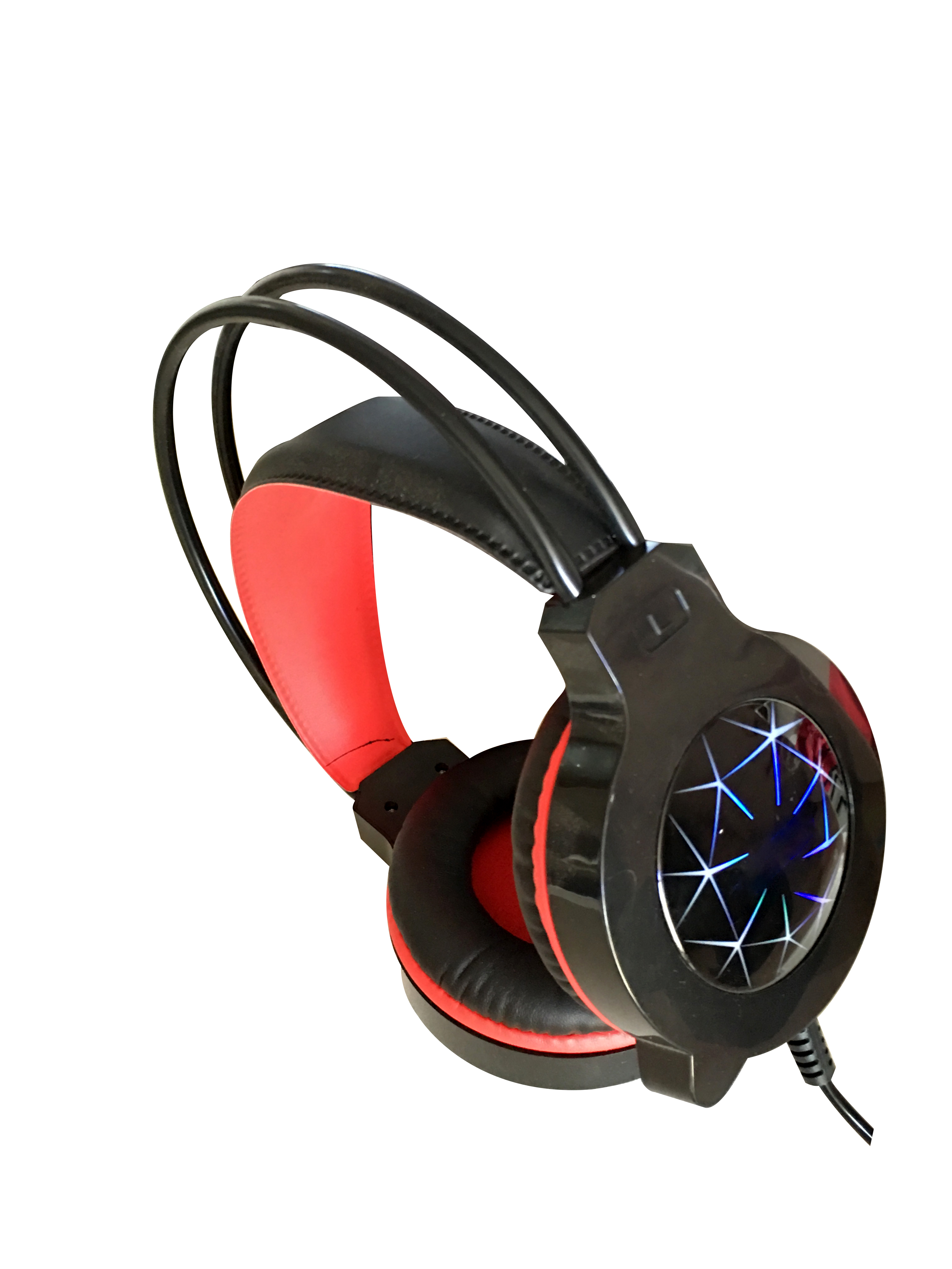 Cuffie da gioco nere e rosse. Cuscinetti e fascia rossa. Padiglioni neri con design geometrico.
