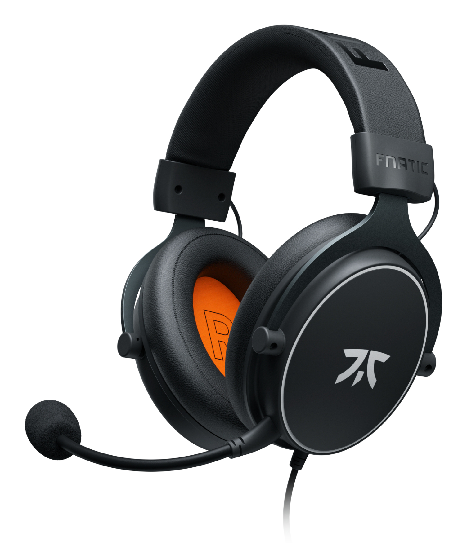 Czarne słuchawki do gier z mikrofonem. Z boku znajduje się logo białego, stylizowanego "F".
