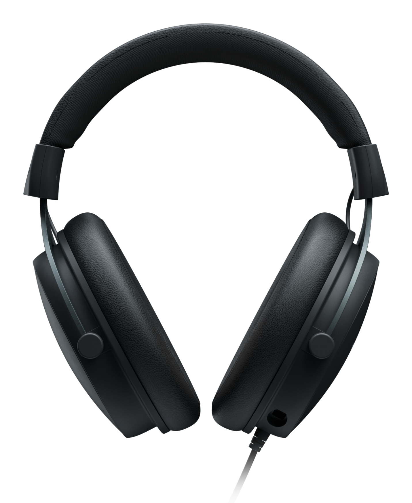 Czarne słuchawki z mikrofonem. Nauszniki są skierowane w górę.