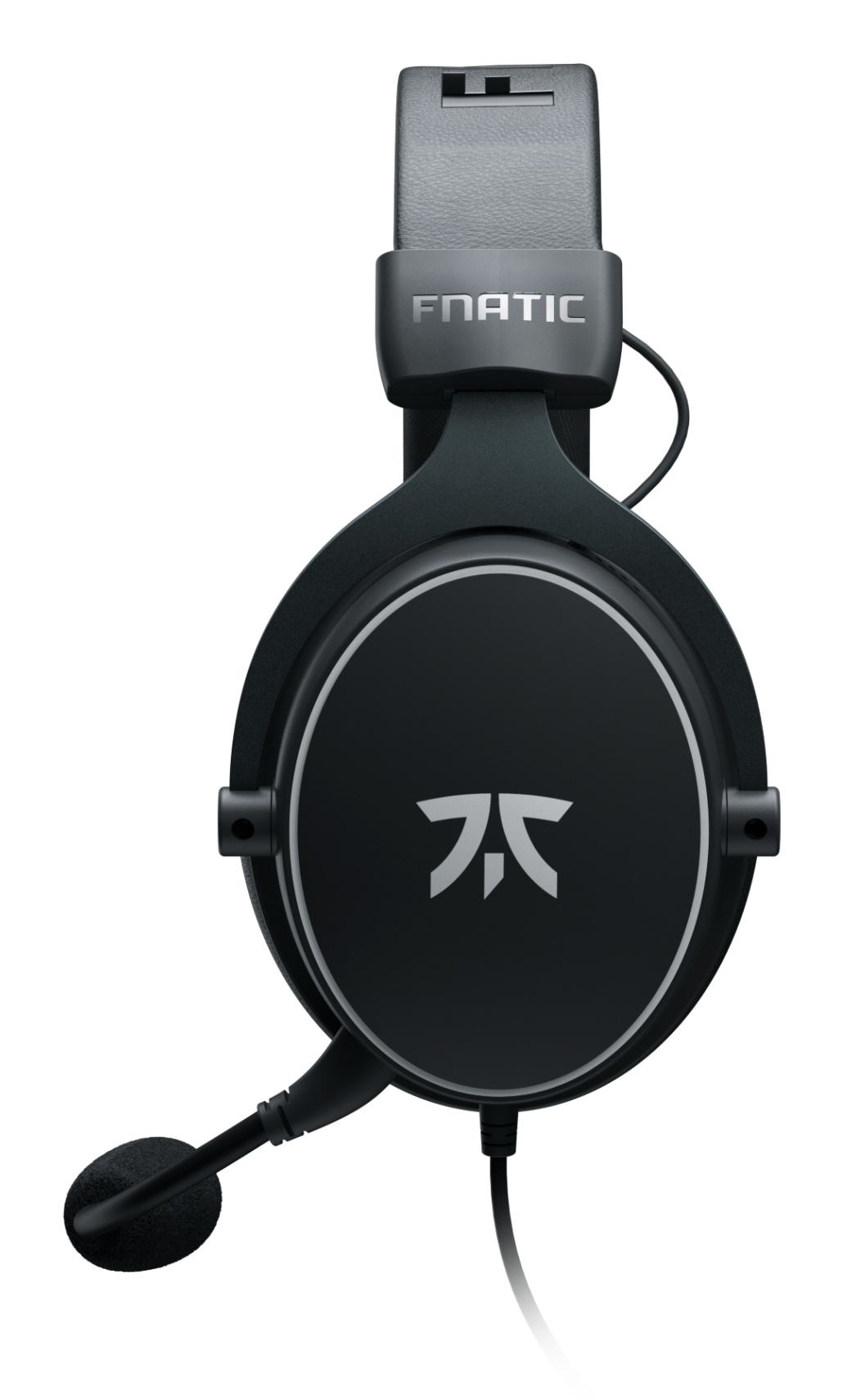 Czarne słuchawki dla graczy z mikrofonem, widok z boku. Białe logo. Na białym tle.