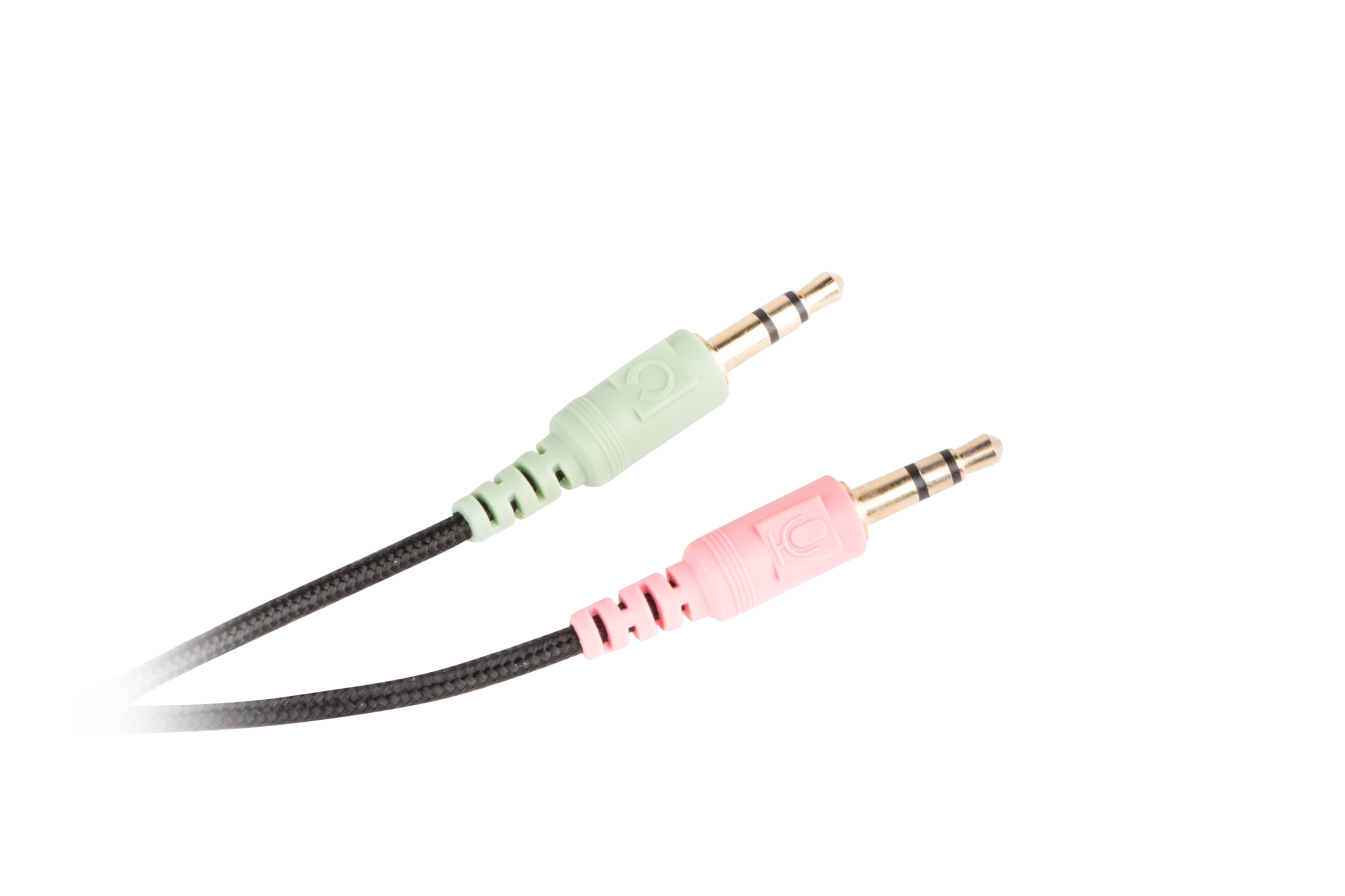 Dwa kable jack audio, jeden zielony i jeden różowy, połączone z czarnym kablem, białe tło.