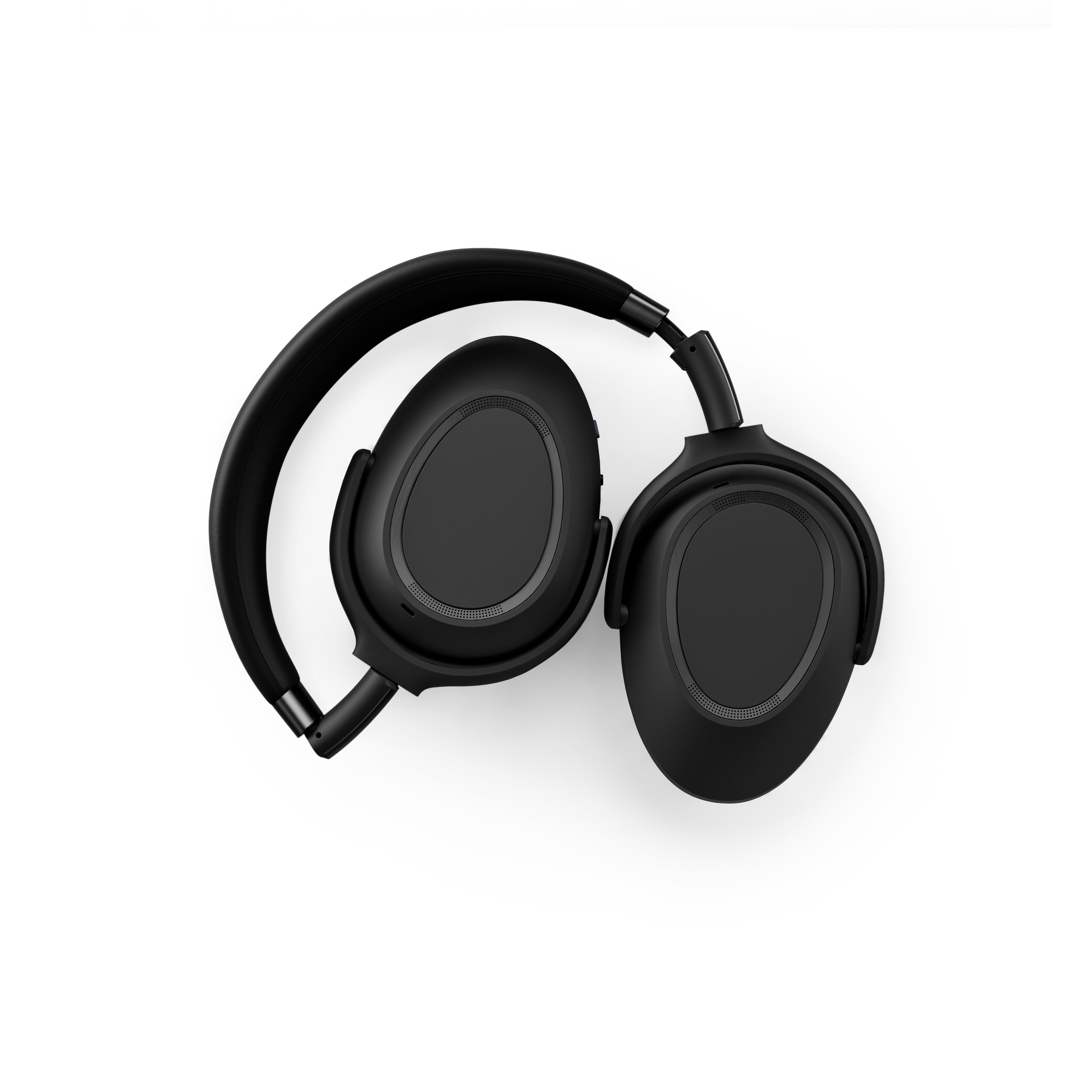 Cuffie over-ear nere piegate, con il marchio EPOS, su bianco.