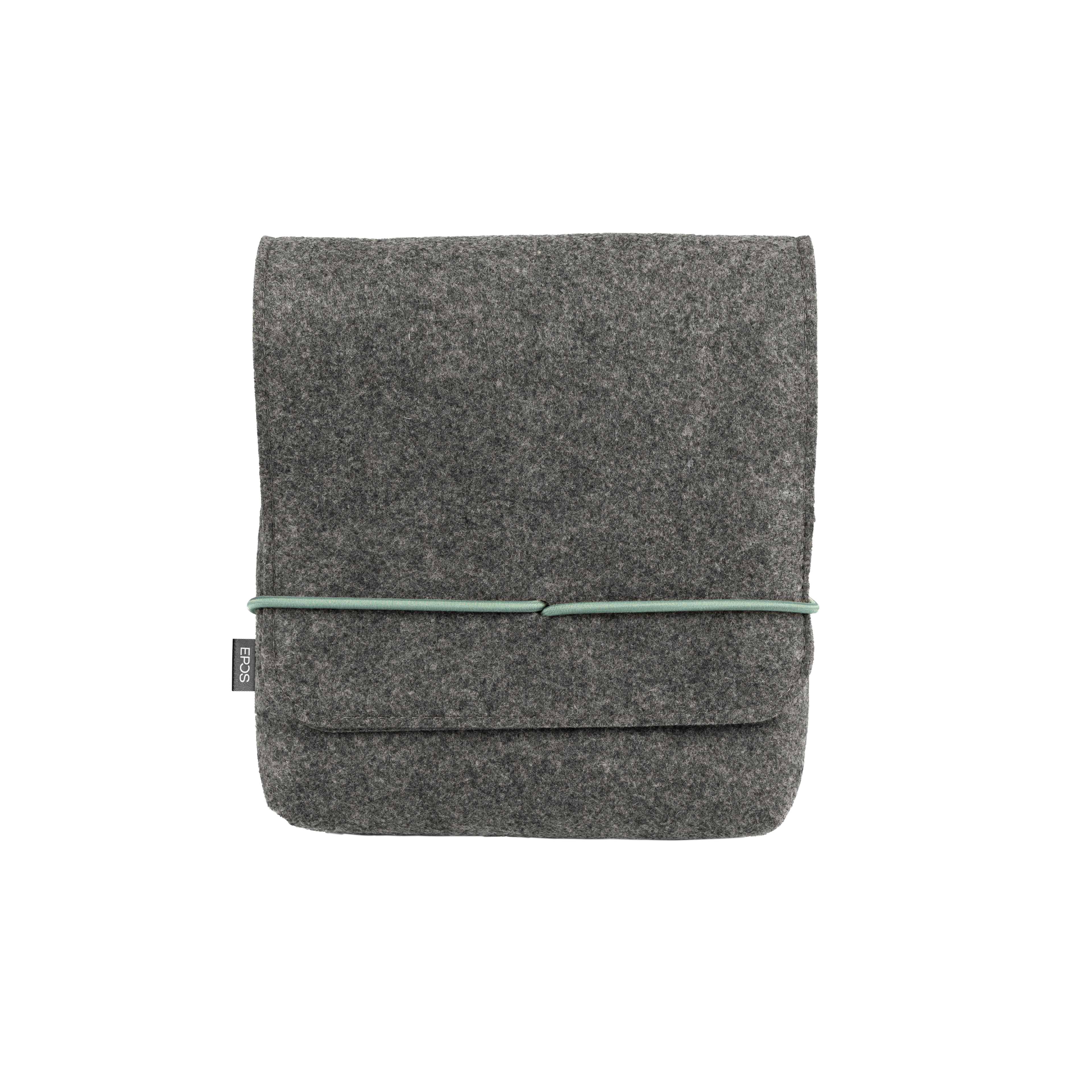 Custodia in feltro grigio con elastico verde, su sfondo bianco. Contiene un logo.