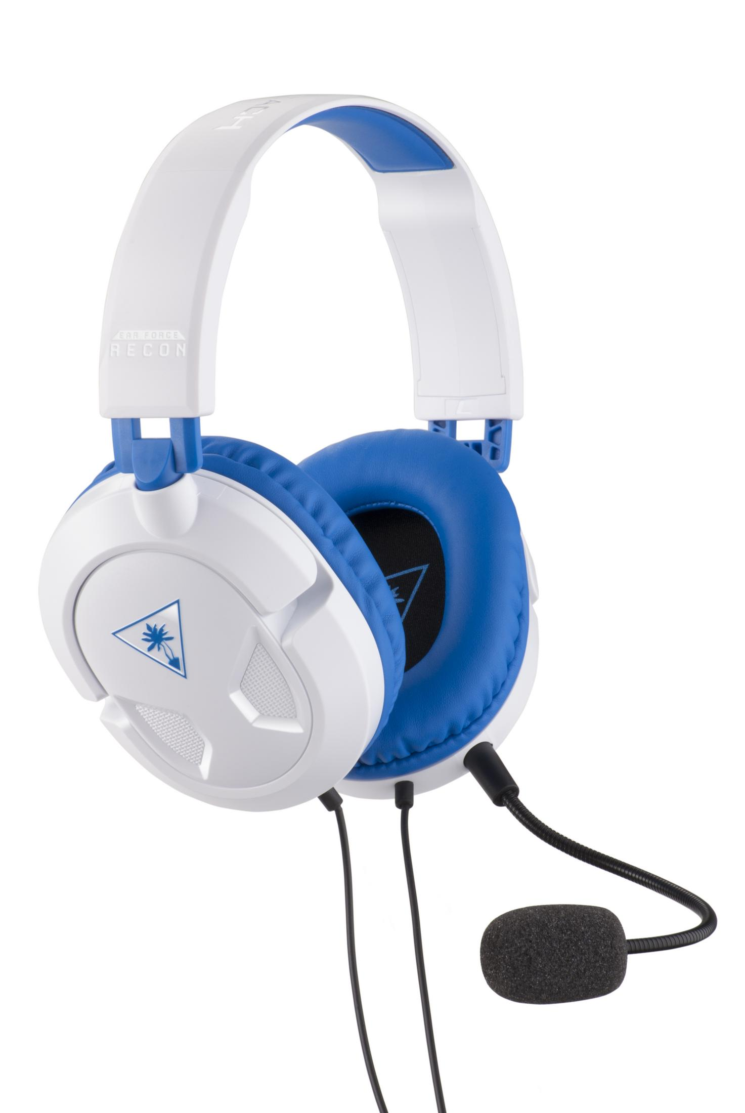 Weißes und blaues Gaming-Headset mit Mikrofon, 'Turtle Beach Recon' Branding, auf Weiß.