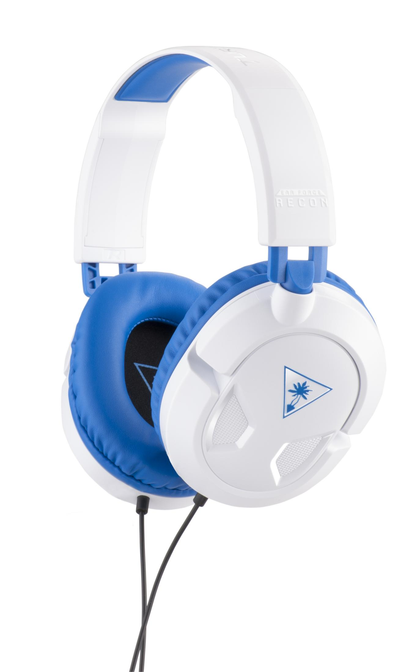 Weißes und blaues Gaming-Headset mit 'Turtle Beach Recon' Branding, vor weißem Hintergrund.