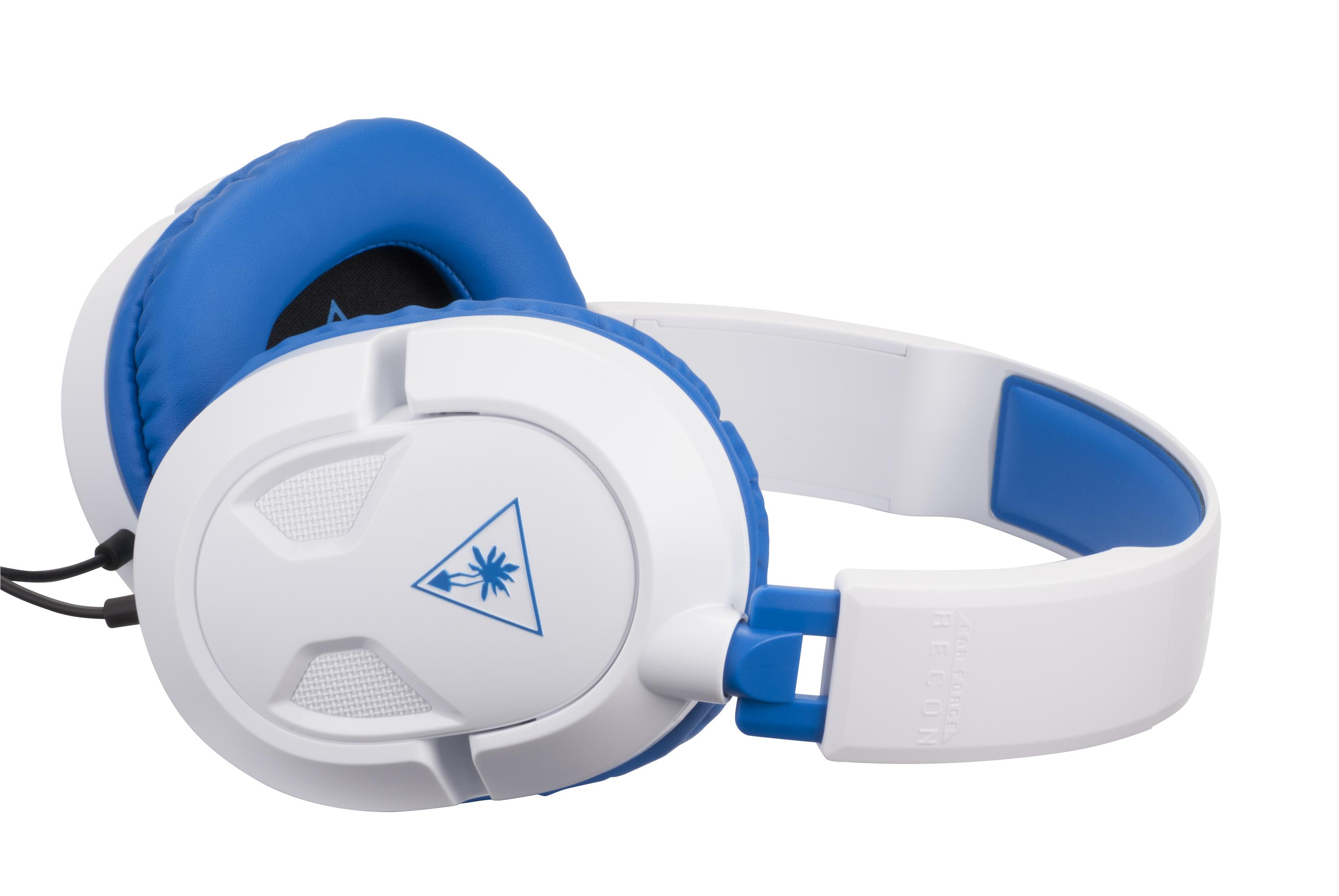 Weißes und blaues Headset. Die Ohrmuscheln sind weiß mit blauen Akzenten. Das Headset hat ein Logo und Kabel.