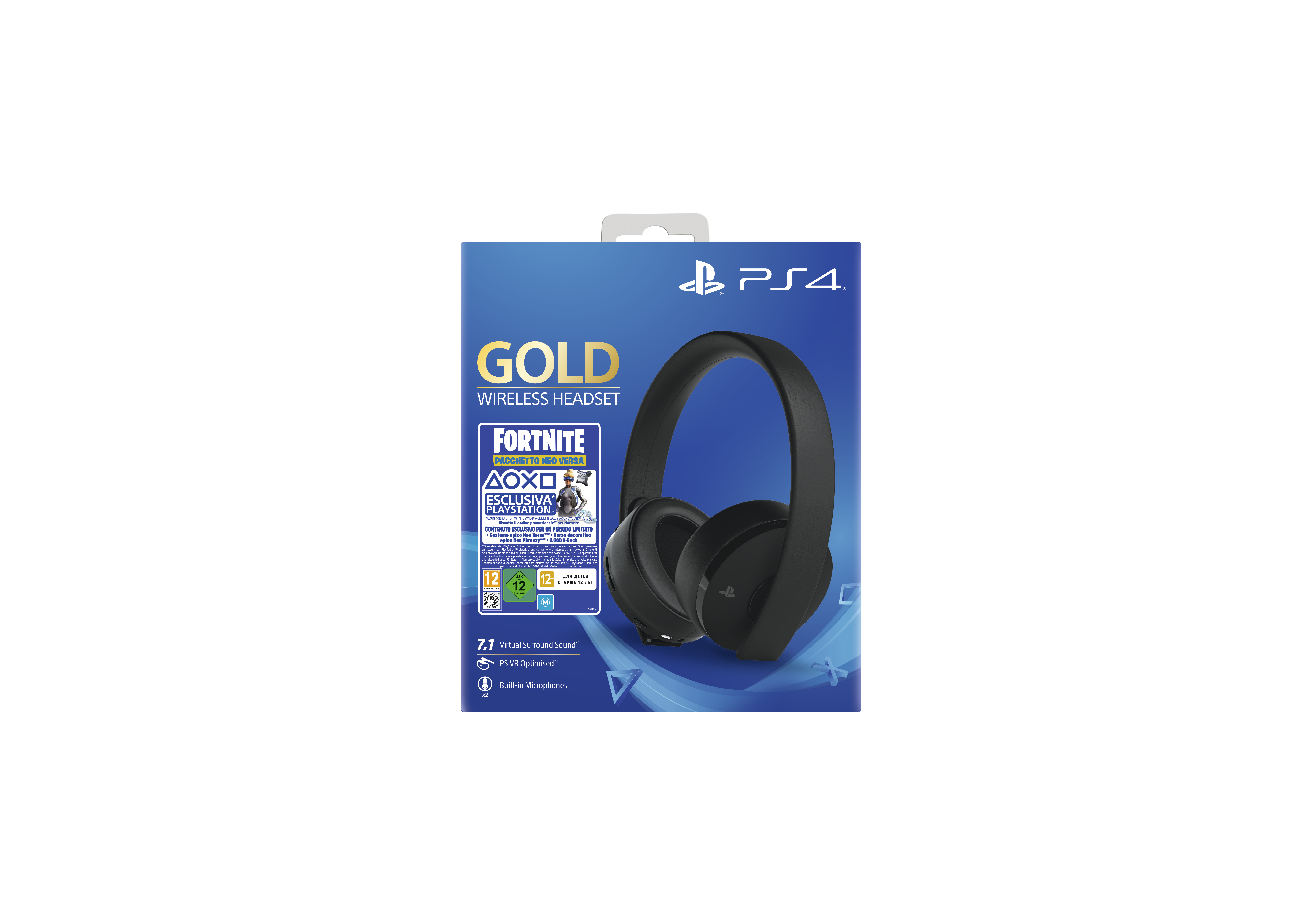 Eine schwarze PS4 Gold Wireless Headset-Box mit einem Spielbild. Ein weißer Hintergrund.