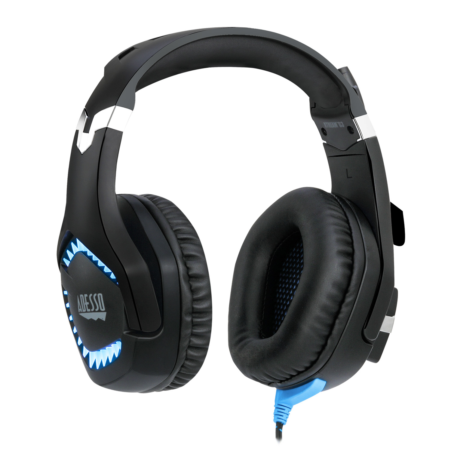 Black and orange gaming headset on a white background.
