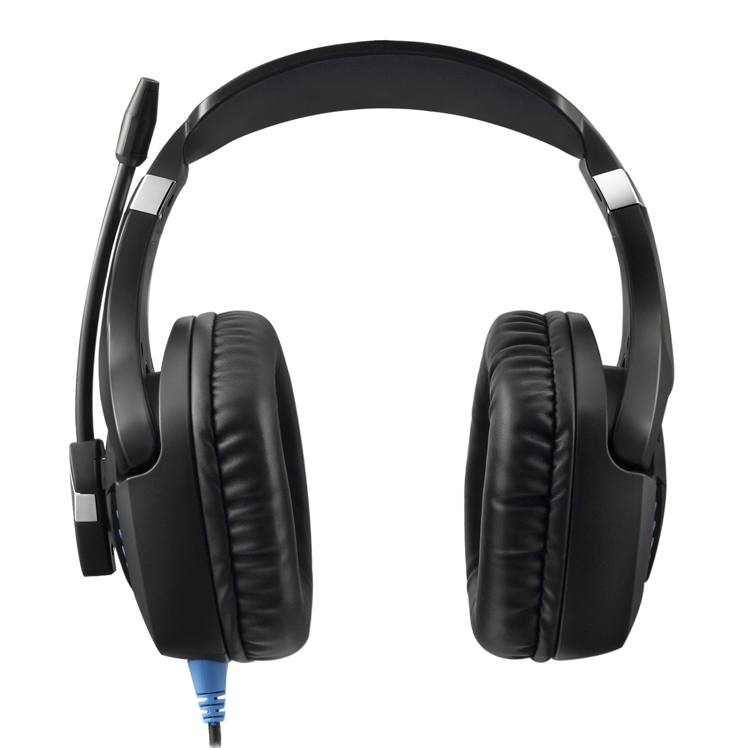 Black gaming headset with a microphone. White background.