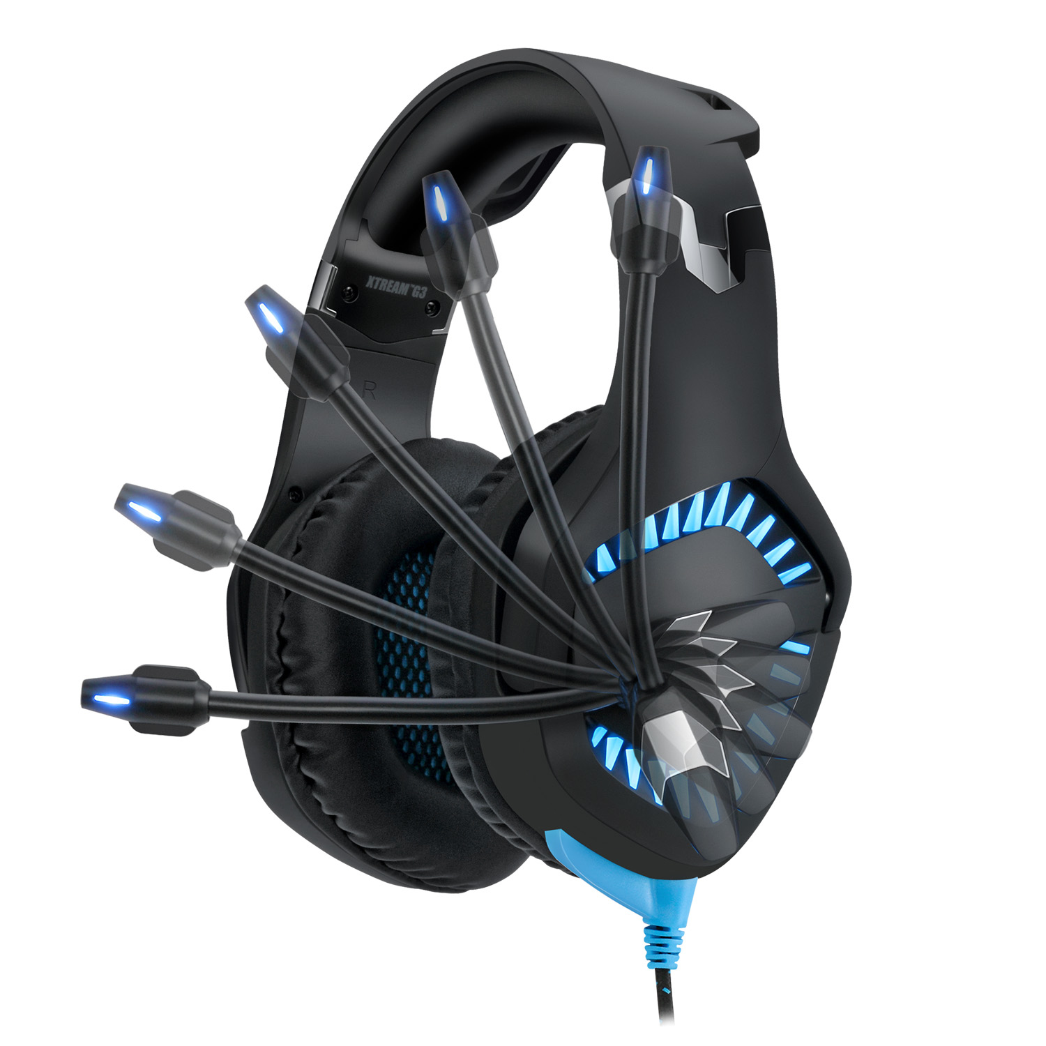 Black gaming headset. Blue lights. Multiple microphones. White background.