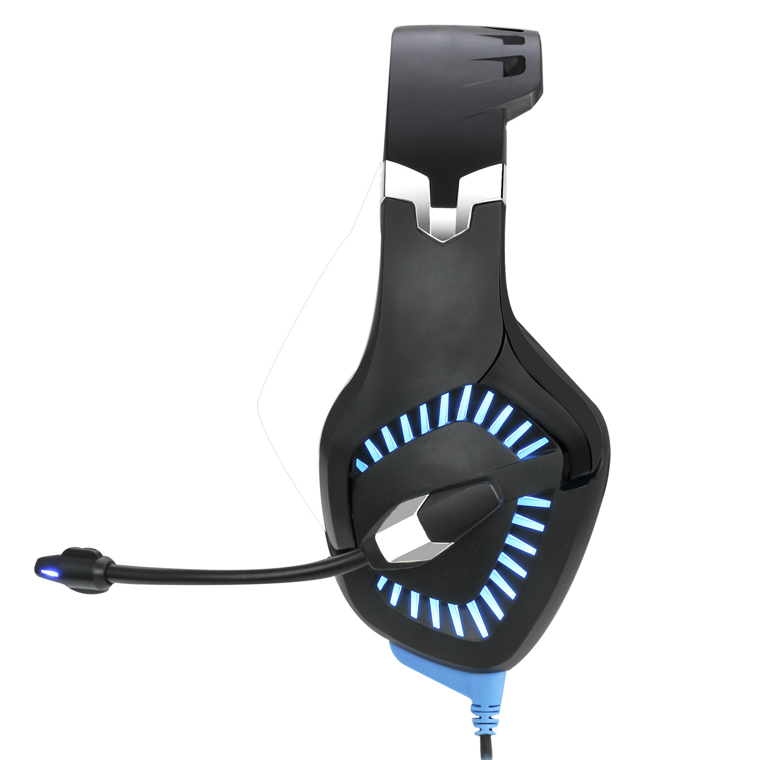 Black gaming headset with blue lights. Mic extends from the left earcup.