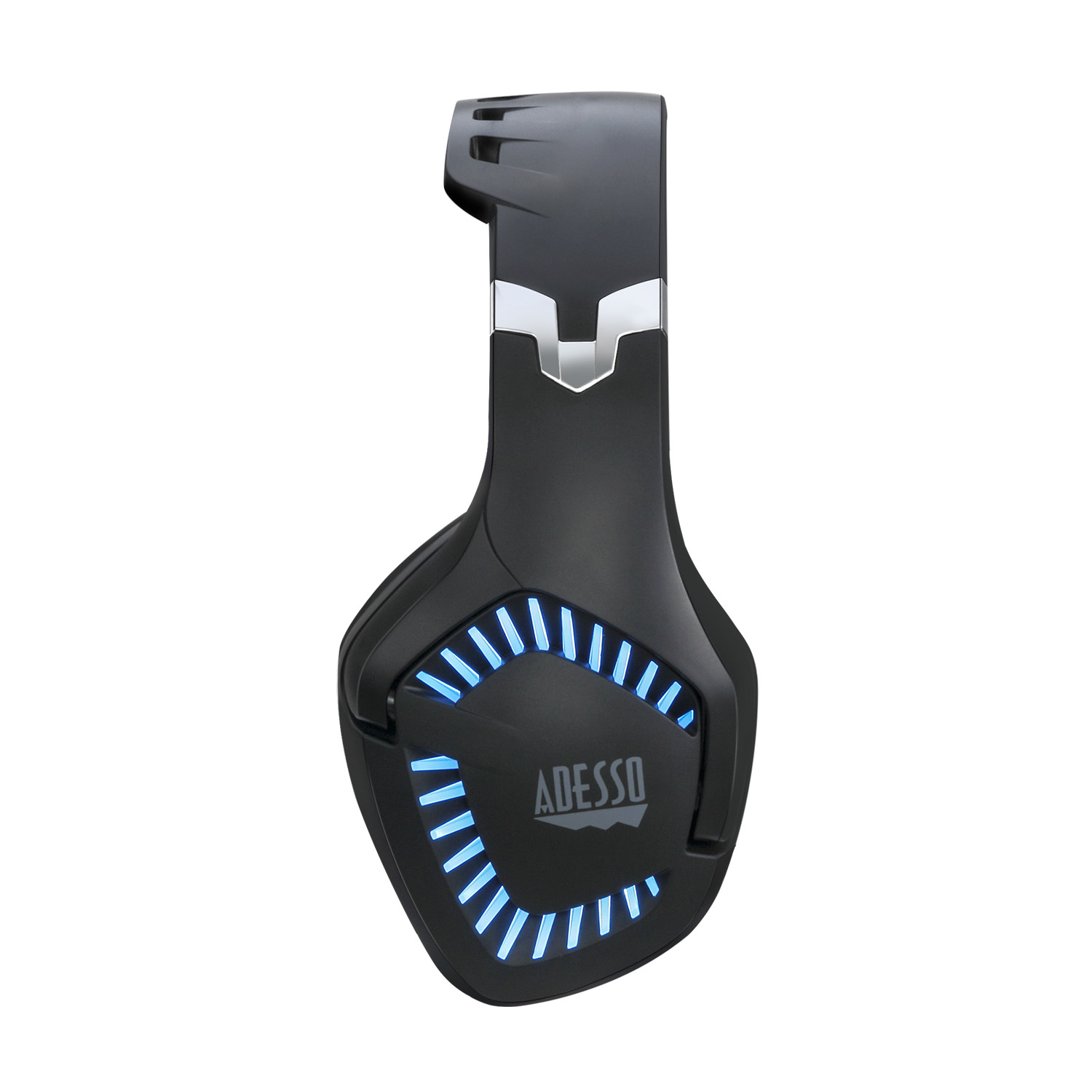 A black Adesso gaming headset with blue LED lights, featuring a microphone and silver accents.