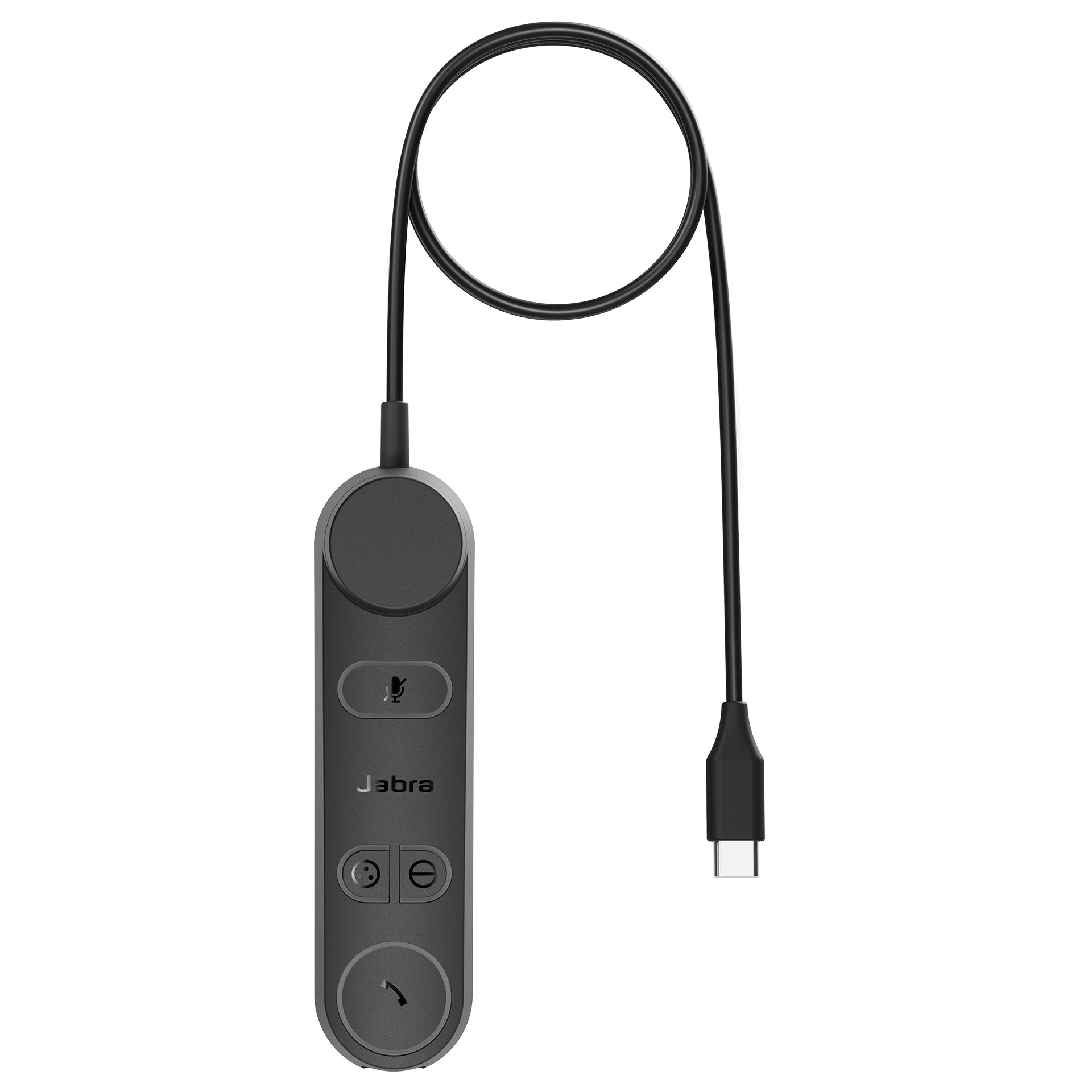 Czarny kontroler USB Jabra z mikrofonem i przyciskami. Widoczny czarny kabel.