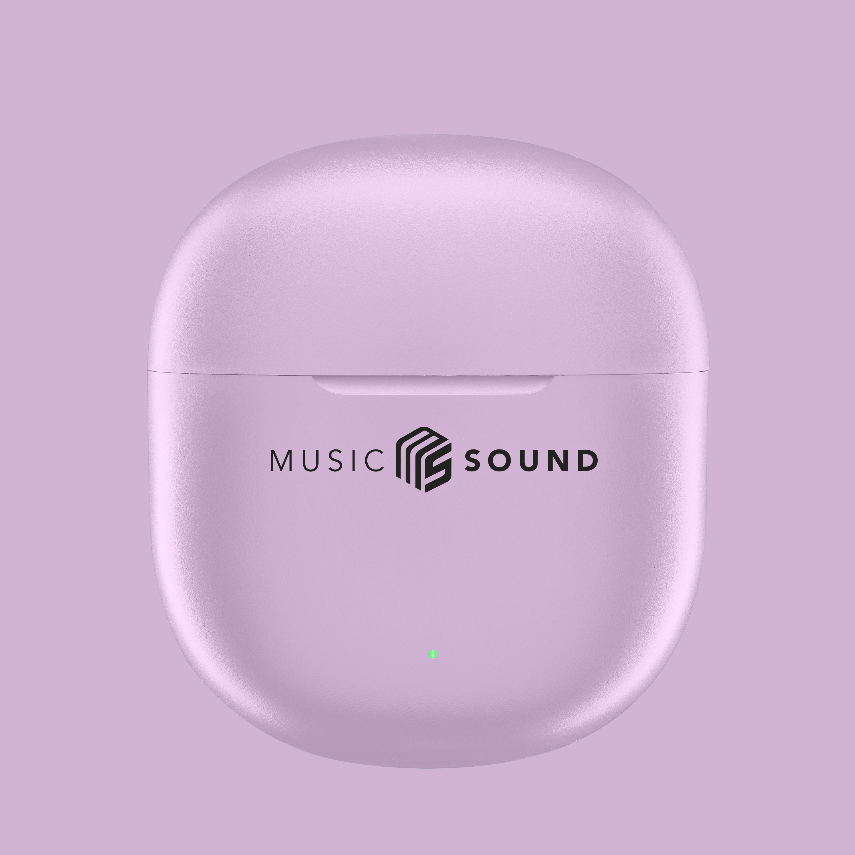 Una custodia di ricarica per auricolari lilla chiaro, con il marchio 'Music Sound'.