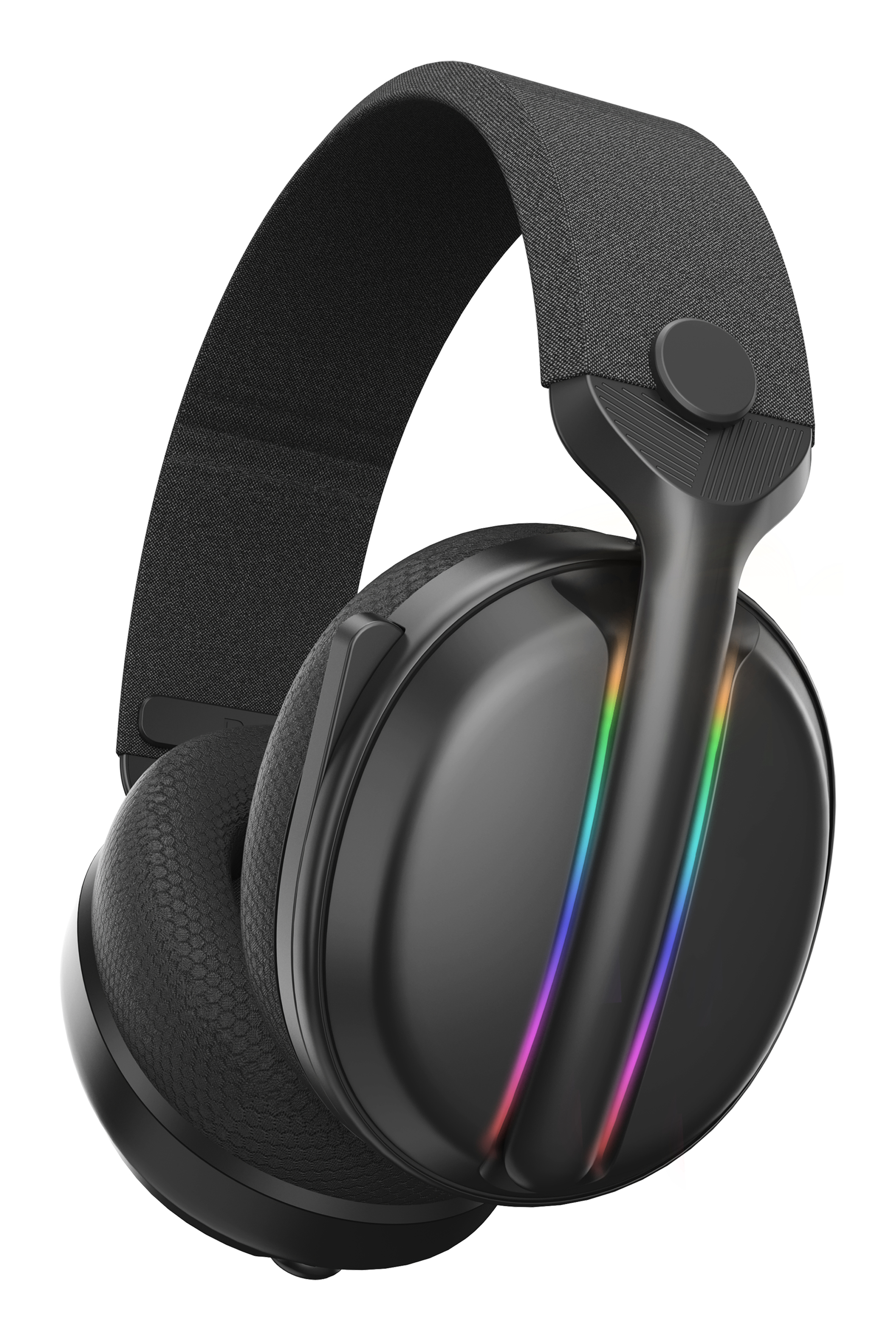 Czarne słuchawki z tęczowymi światłami LED. Białe tło.