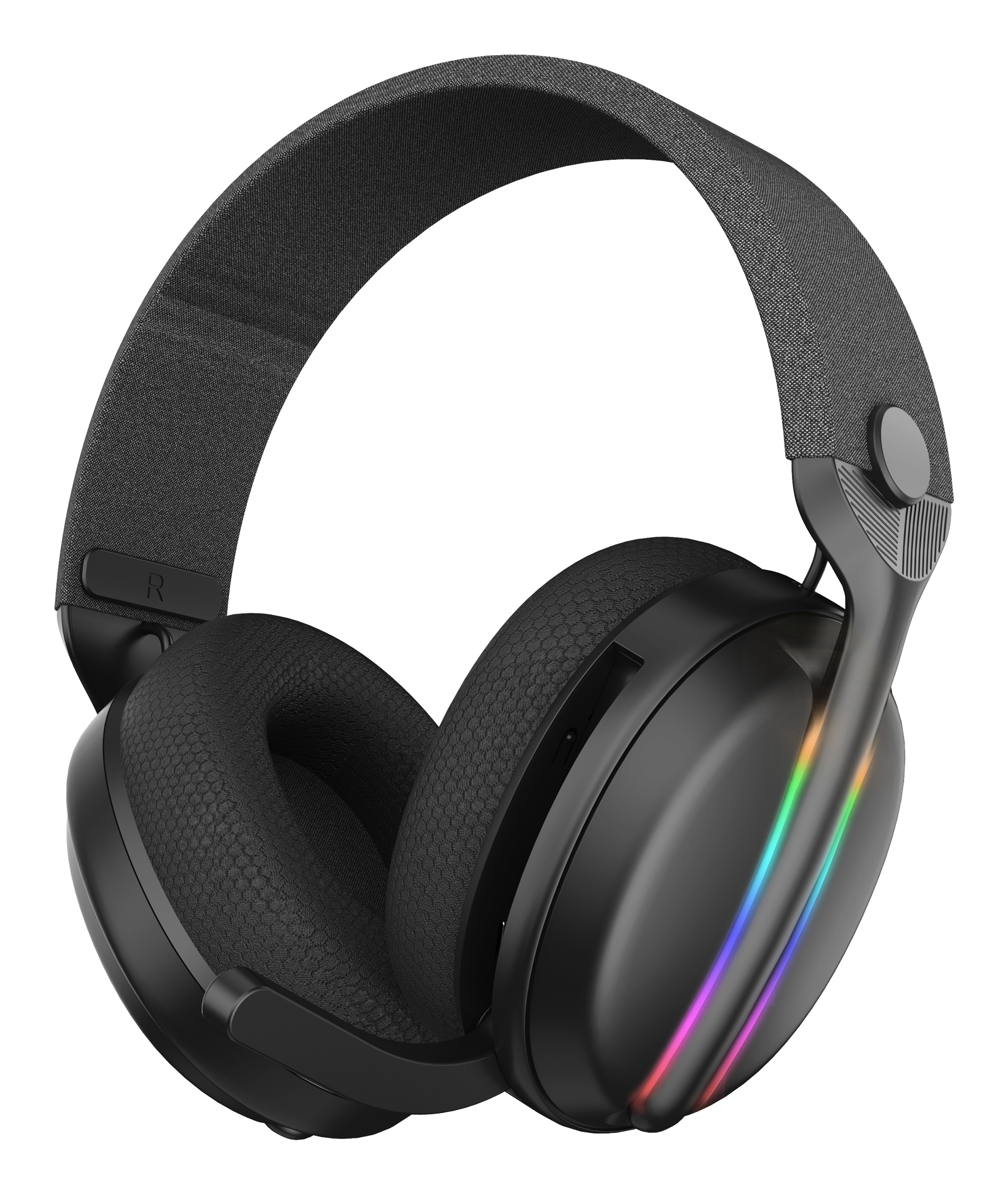 Czarne słuchawki z szarym pałąkiem i kolorowymi światłami z boku.