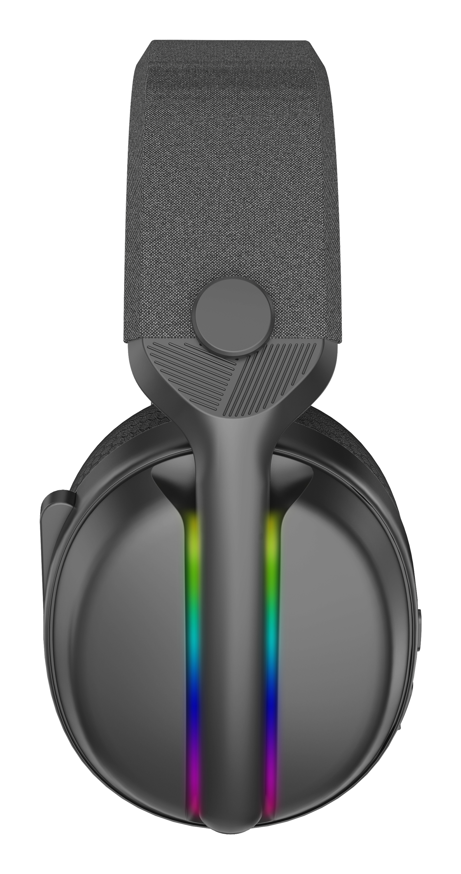 Czarne słuchawki, widok z góry, z podświetlanymi paskami światła w kolorach tęczy.