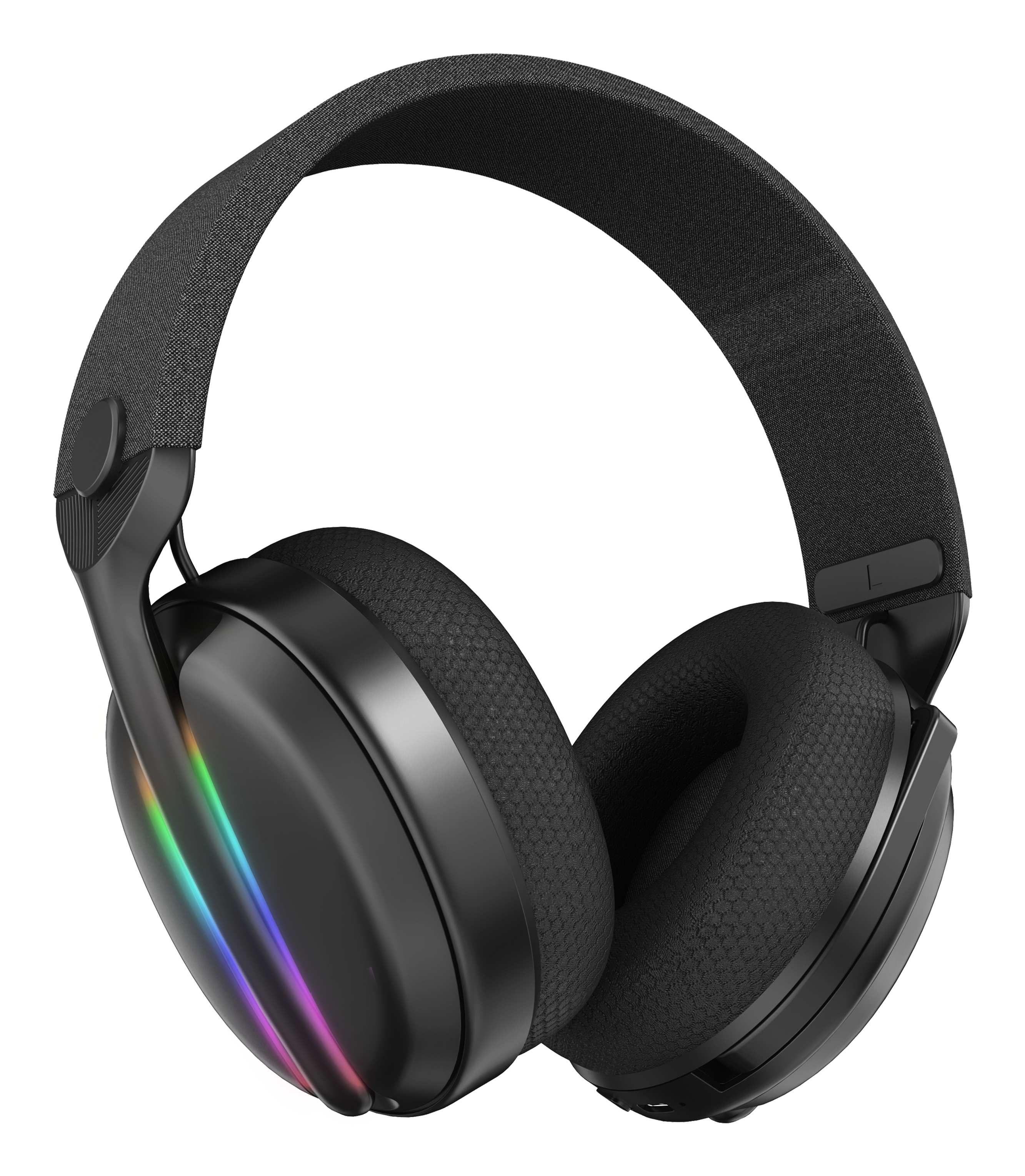 Czarne słuchawki z kolorowymi światłami na nausznikach. Białe tło.