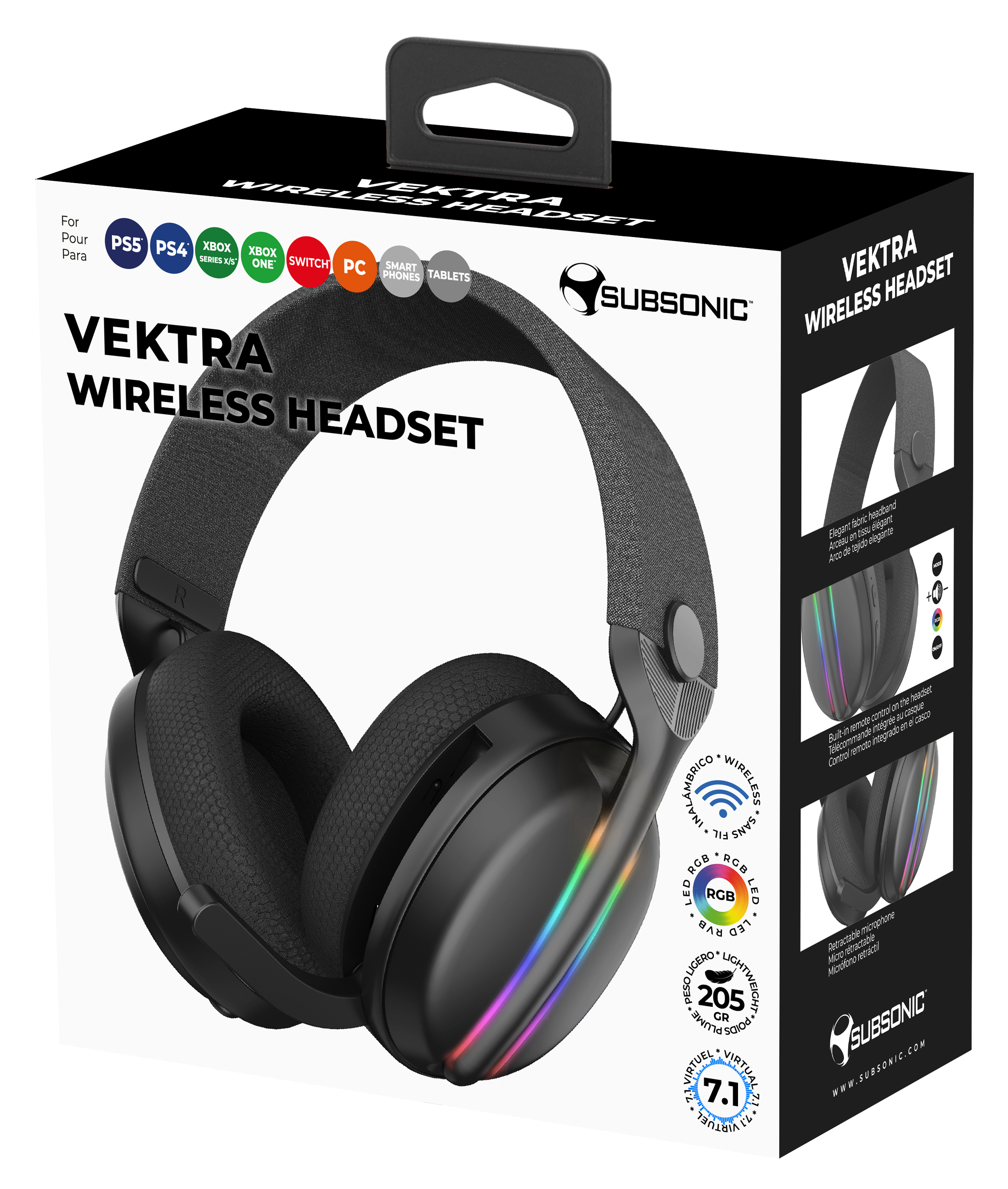 Pudełko słuchawek bezprzewodowych Vektra. Obraz słuchawek z tekstem i szczegółami kolorów.