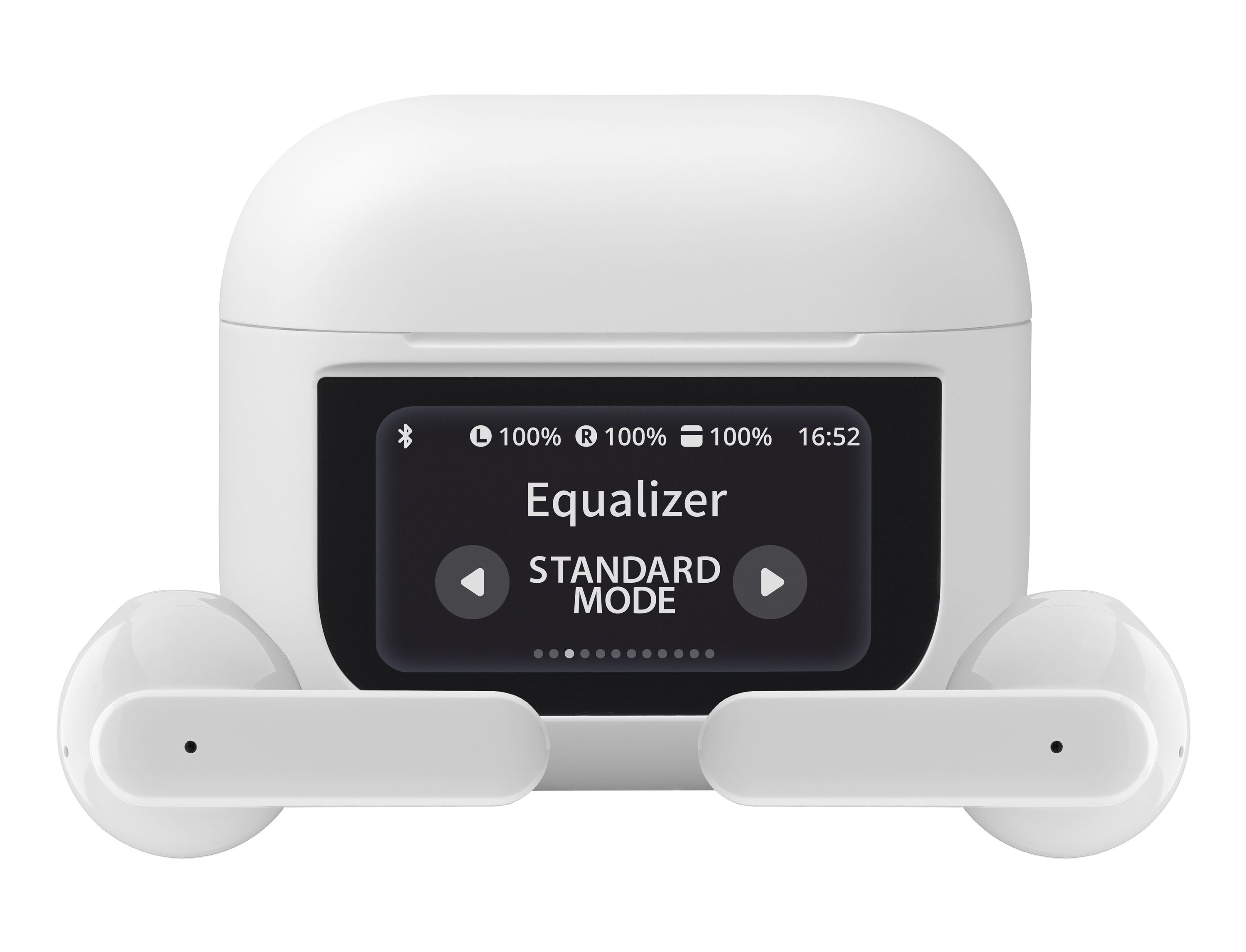 Weiße Ohrhörer und Ladecase. Das Case hat einen Bildschirm mit Equalizer- und Steuerungsoptionen.
