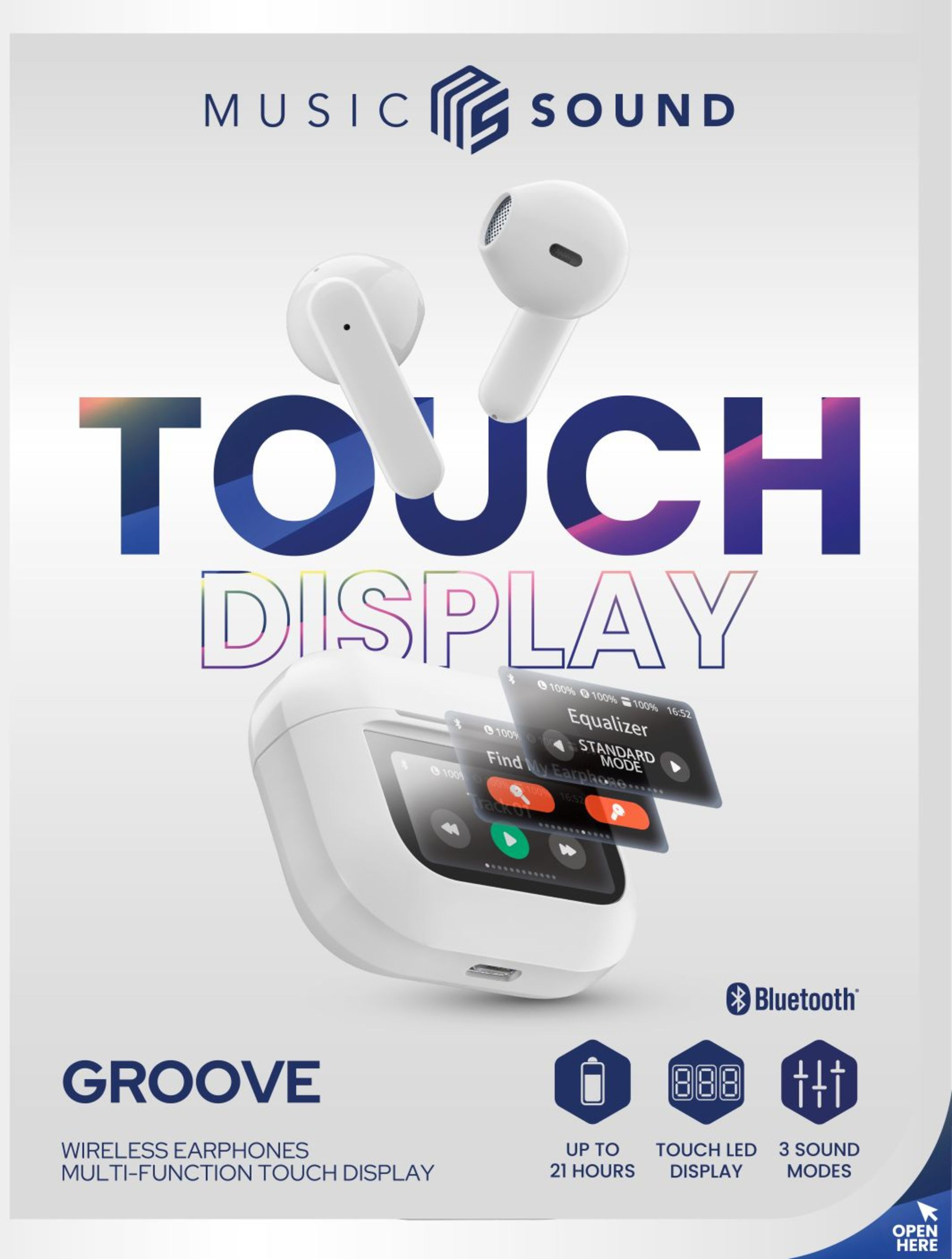 Weiße kabellose Ohrhörer und Ladecase mit Touchscreen-Display, Produktwerbung.