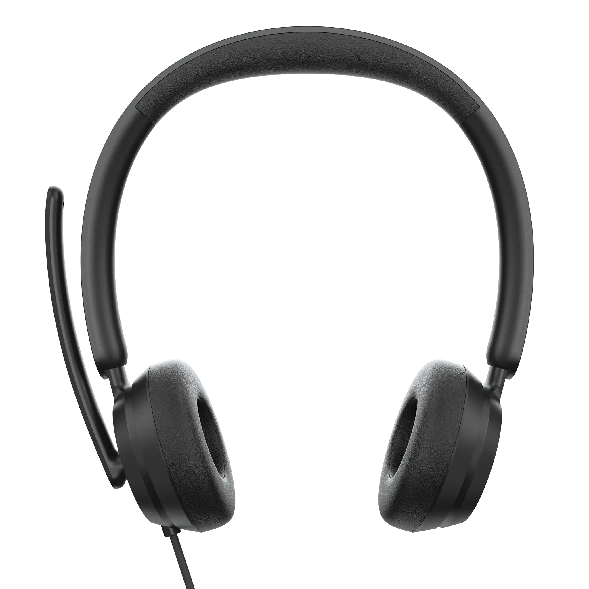 Auriculares negros con micrófono. La diadema y los auriculares son negros.