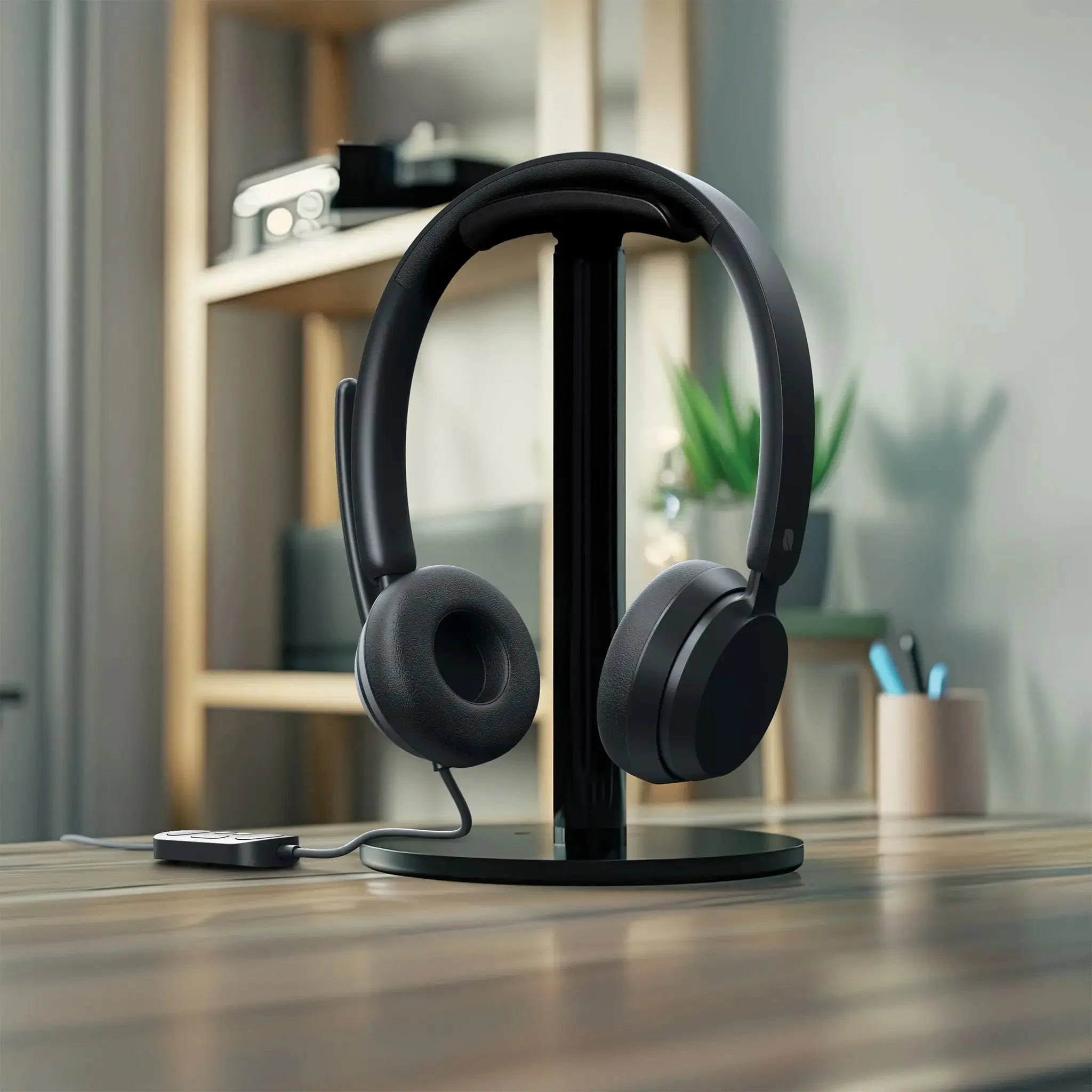 Auriculares negros sobre un soporte negro en un escritorio. Un pequeño dispositivo de control también está en el escritorio.